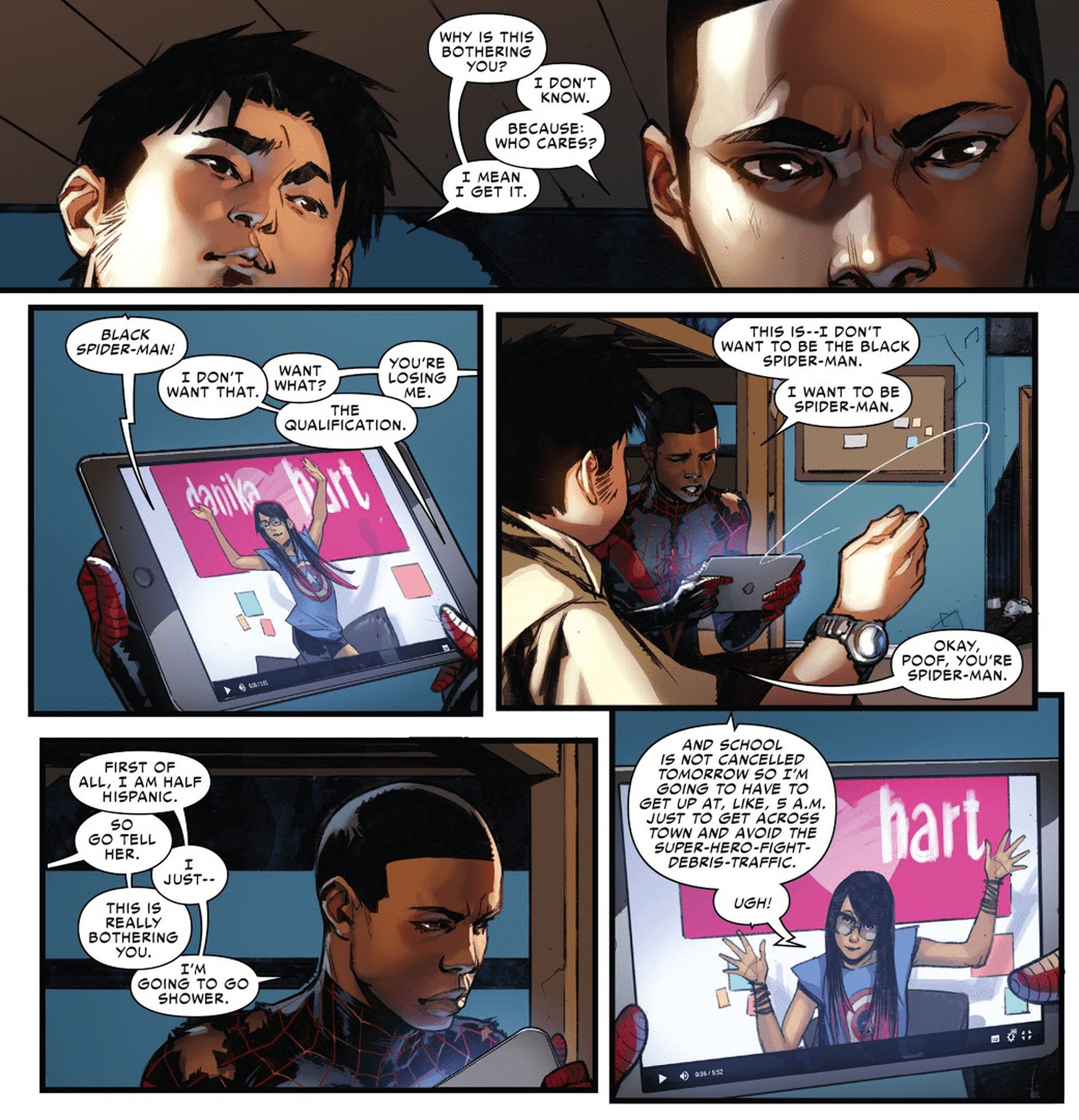 Miles and Ganke watching a streamer discuss the new Spider-Man in Spider-Man Vol. 2, No. 2.