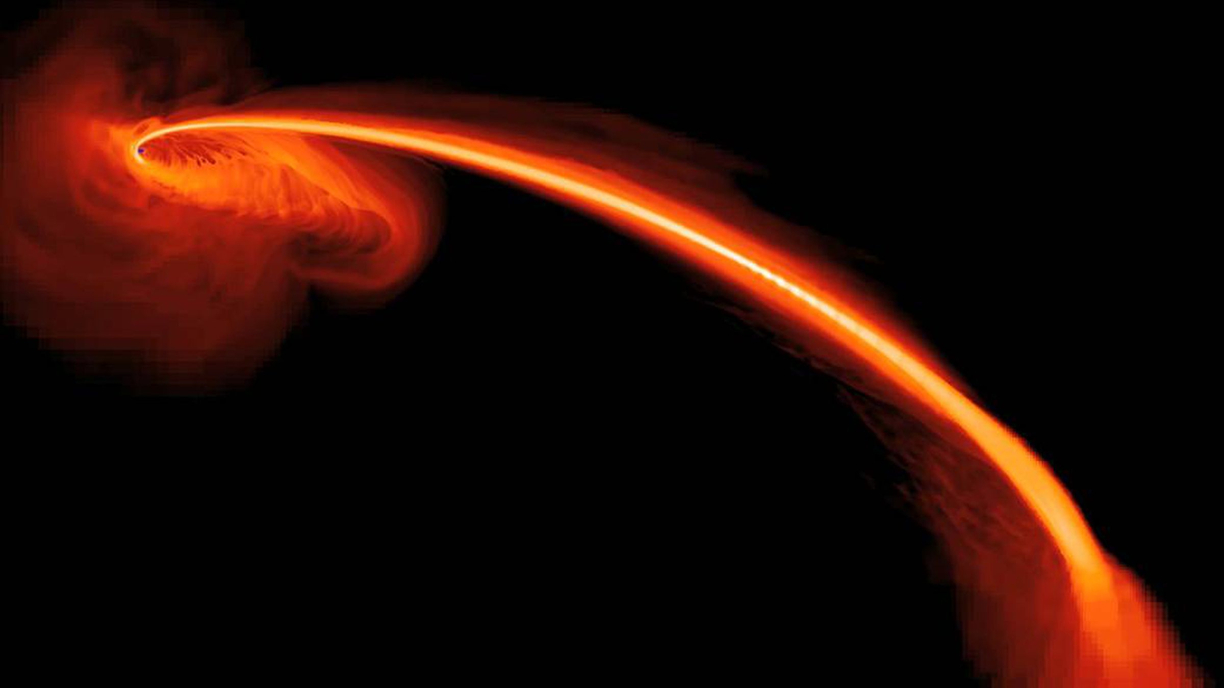 Black holes don’t play well with others. In this computer-generated image, a black hole (top left) tears apart a star.