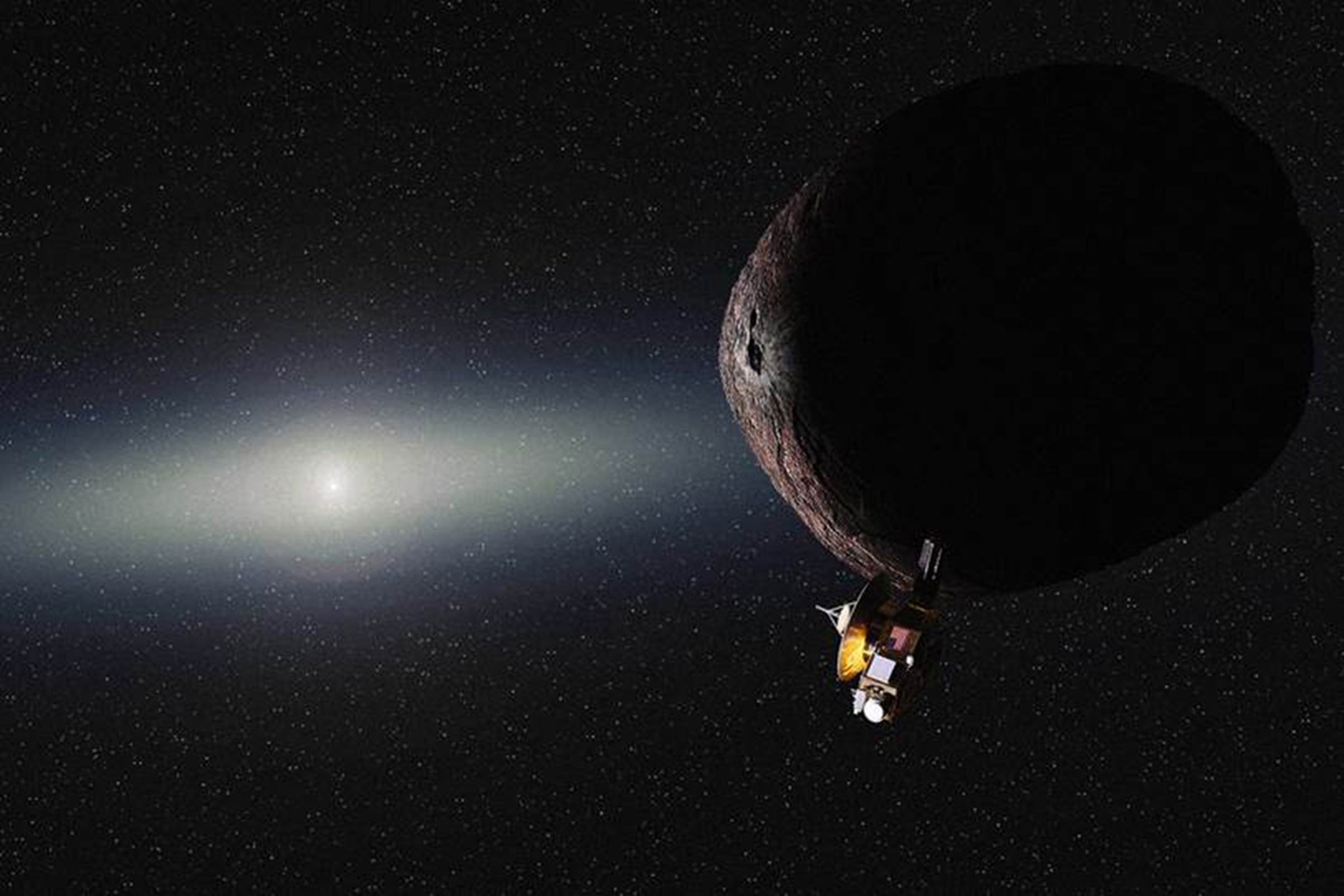 An artistic rendering of New Horizons flying by 2014 MU69.
