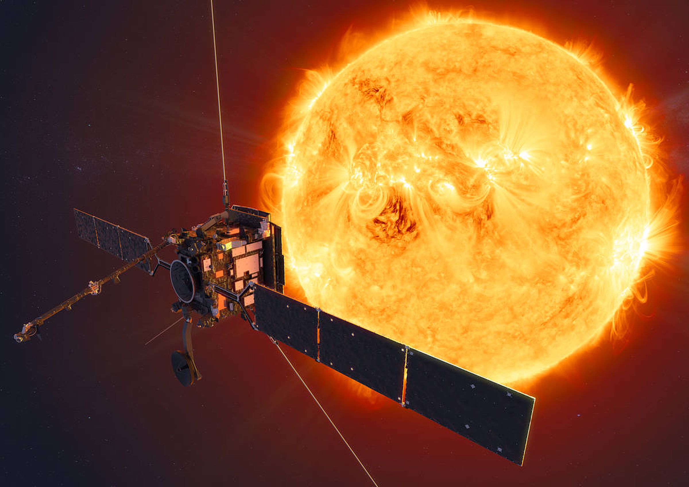 An artistic rendering of Solar Orbiter at the Sun.