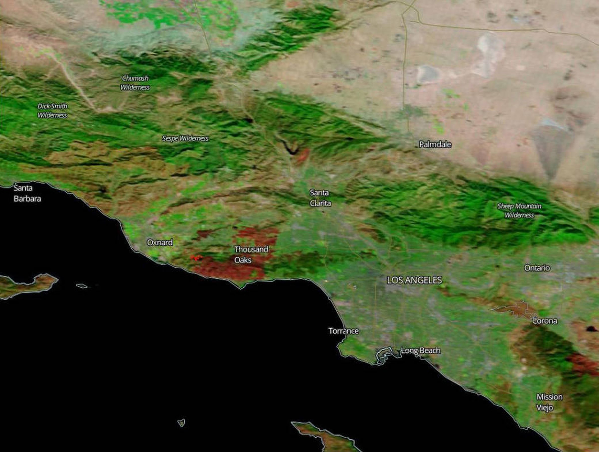 A satellite image of the Woolsey Fire burn scar. 