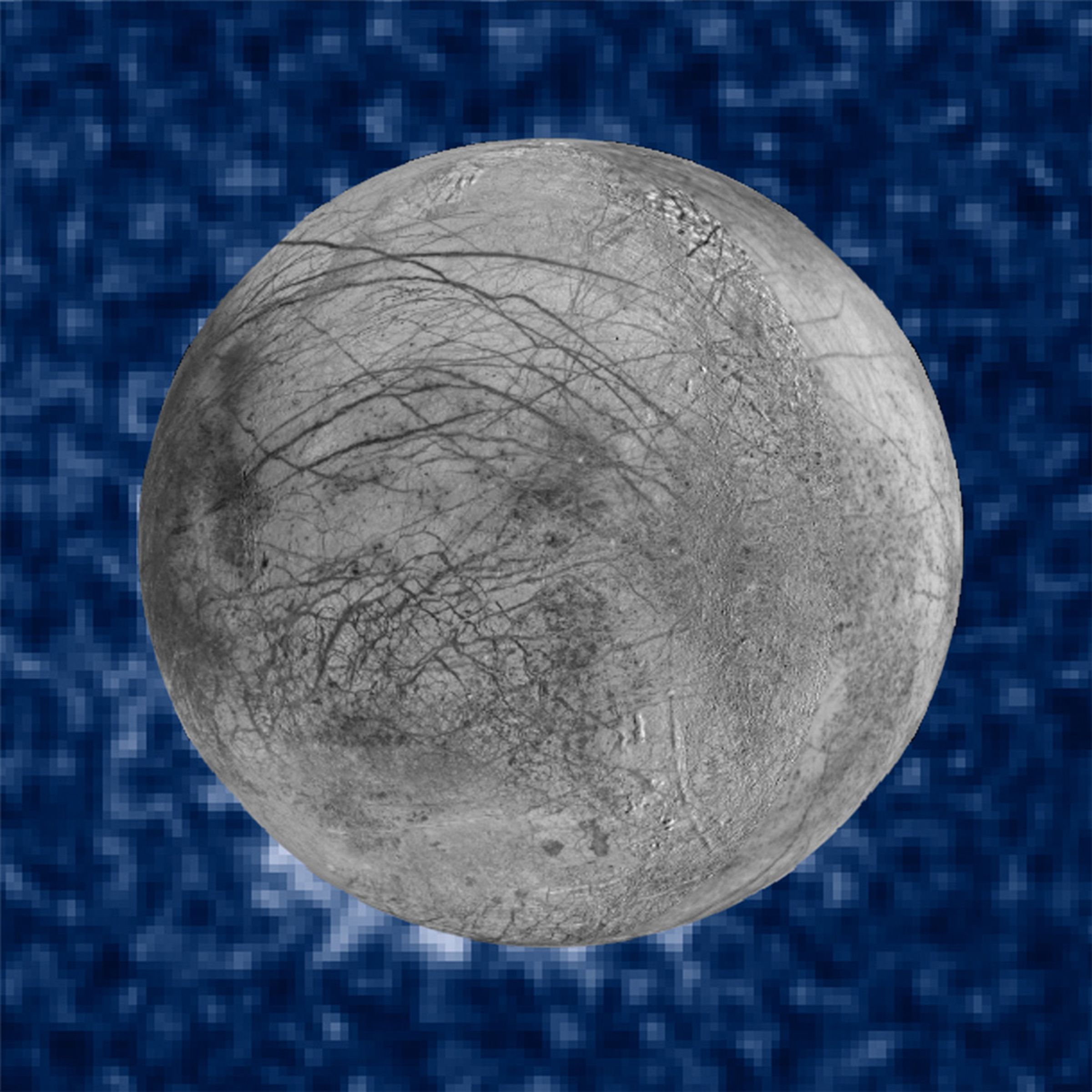 A composite image of plumes on Europa, using pictures from NASA’s Hubble Space Telescope, Galileo, and Voyager. Water can be seen venting in the lower lefthand side of the moon