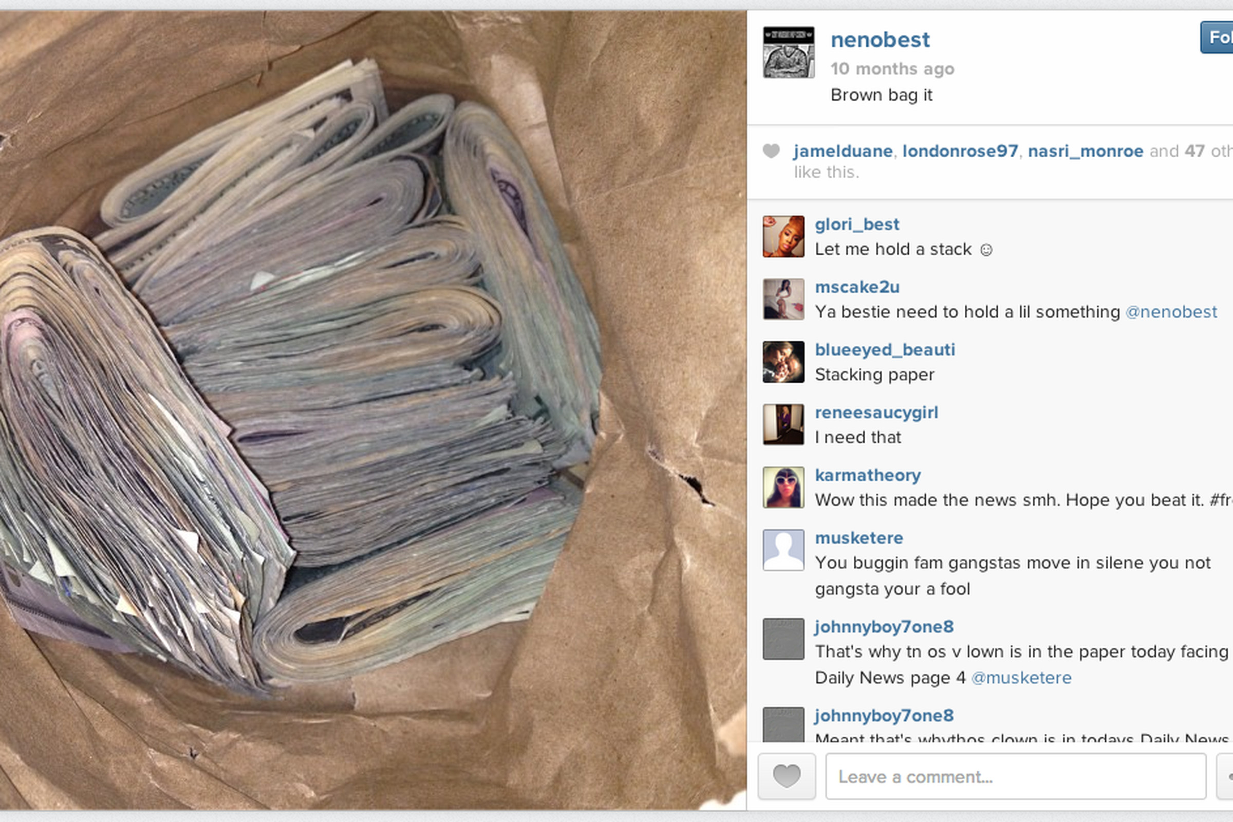 Neno Best money bag on Instagram