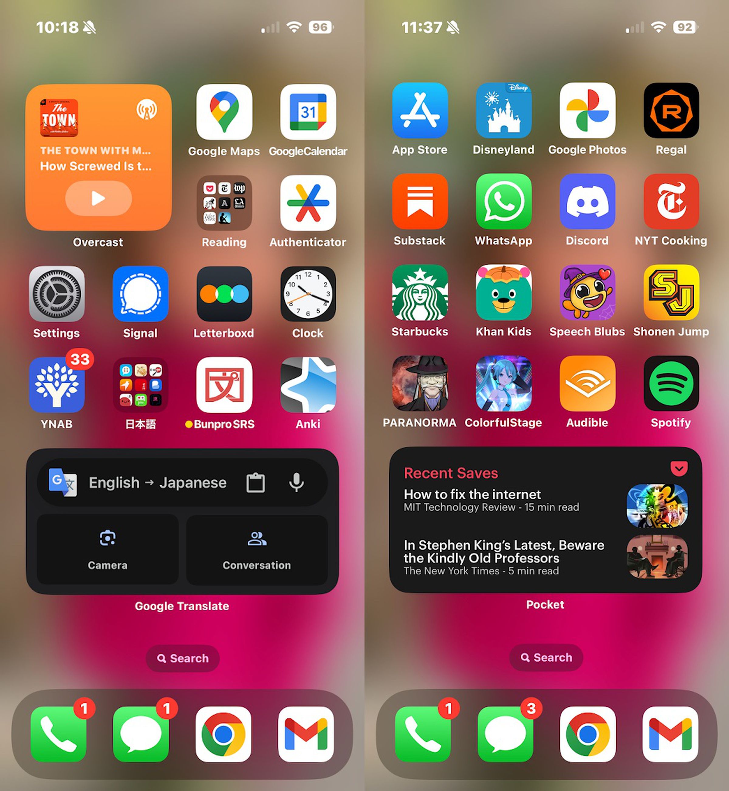 Two screenshots of an iPhone 15, showing apps and widgets on a blurry background.