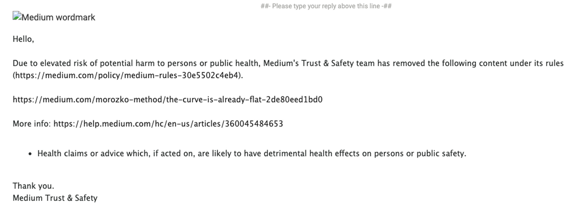 A screenshot of the email Medium sent to A.J. Kay.