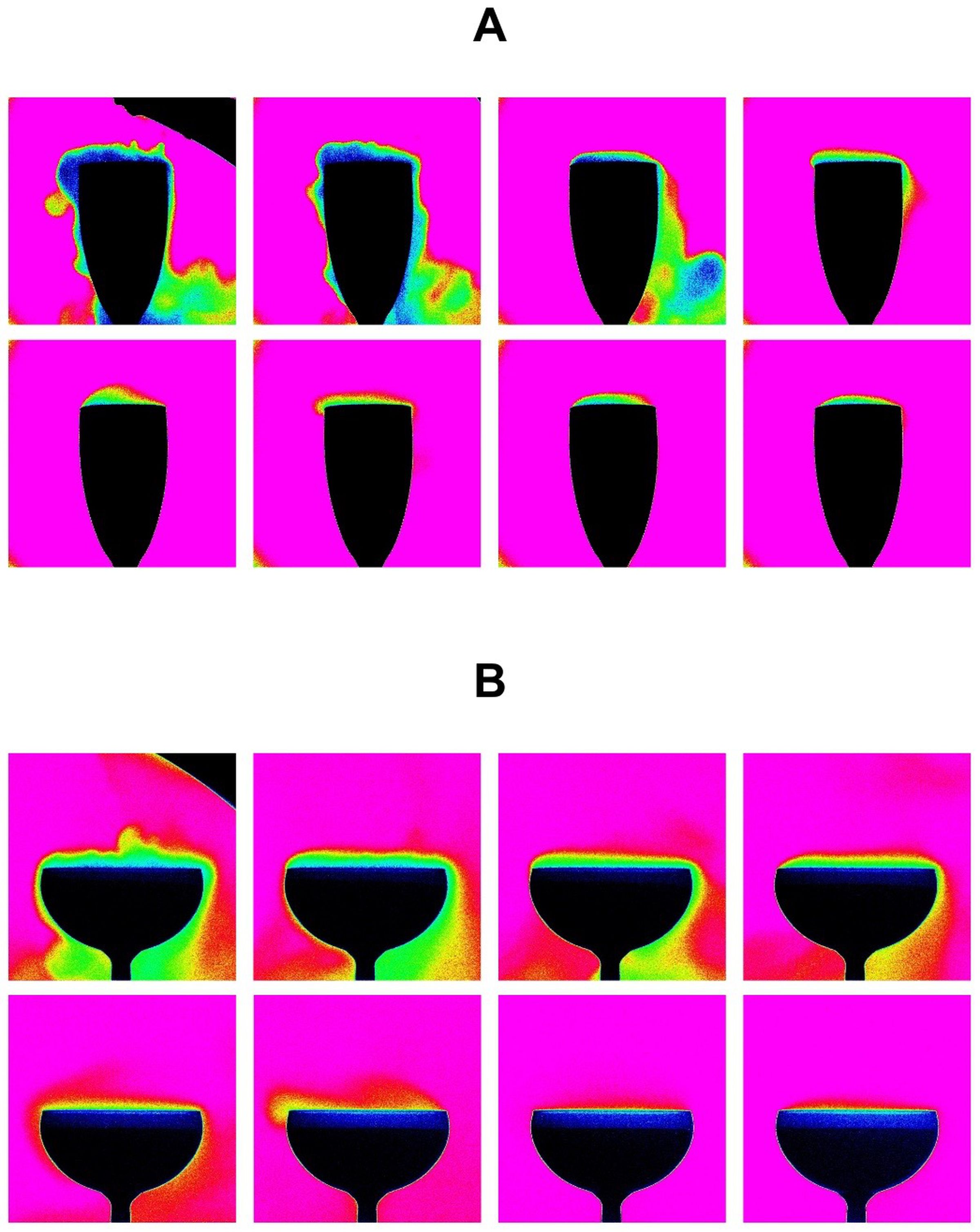 Carbon dioxide escapes from a champagne flute (A) and a champagne coupe (B) in this false colored, infrared image.