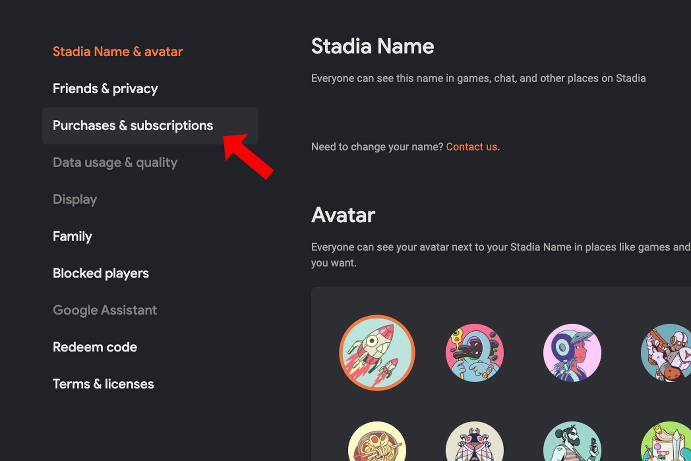 Purchases & subscriptions lists all your Stadia purchasing history and current subscription status.