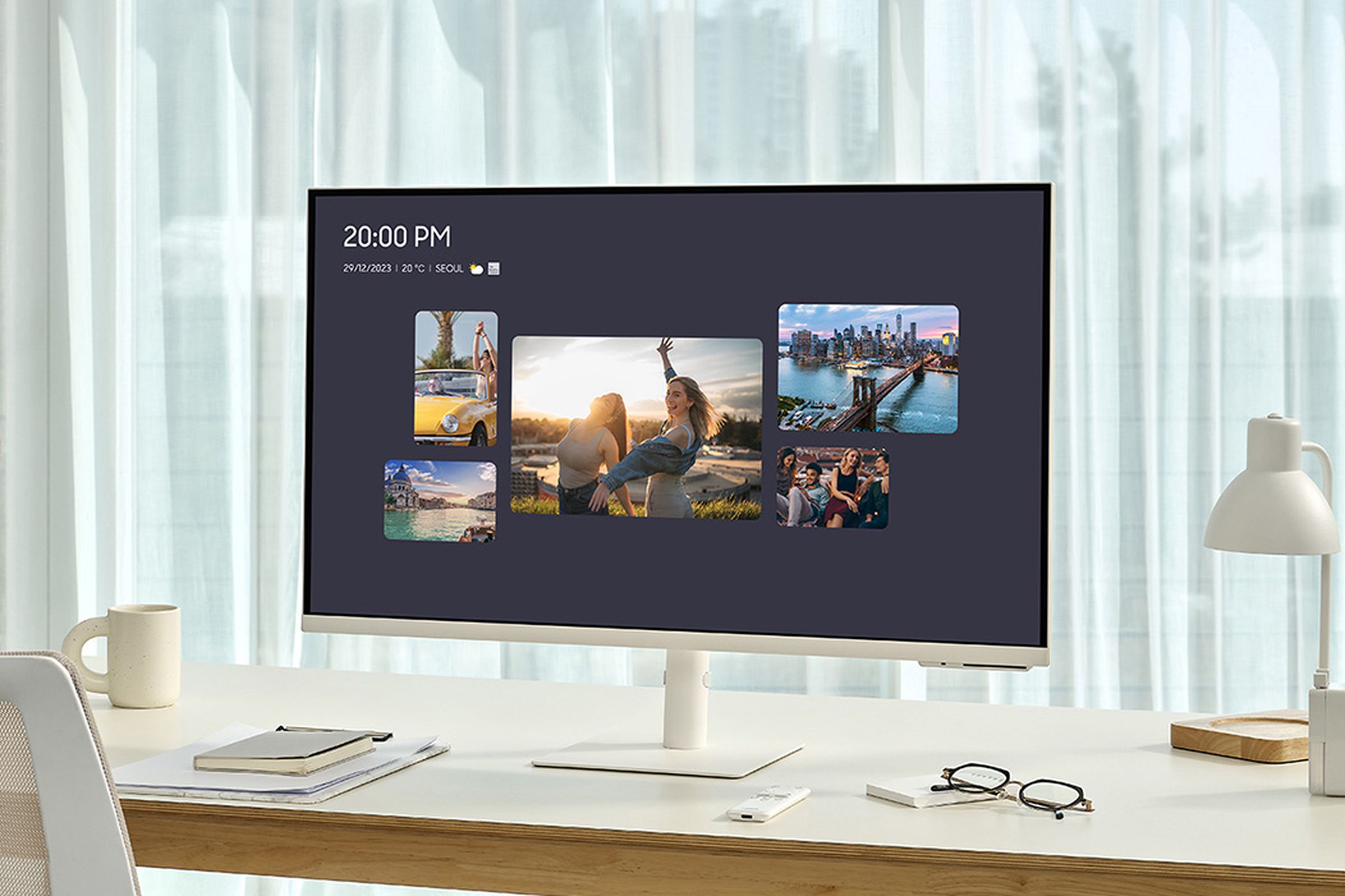 Samsung monitor on a desk.