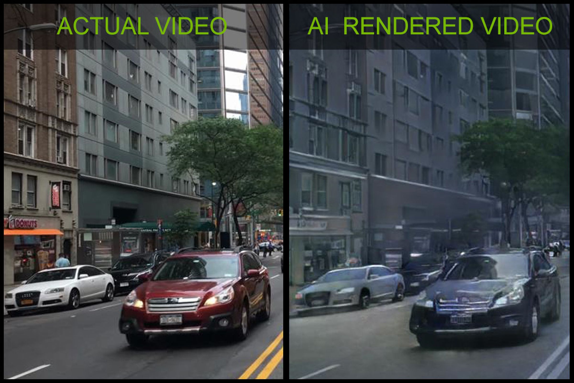A side-by-side comparison of real video footage and Nvidia’s AI-generated demo. 