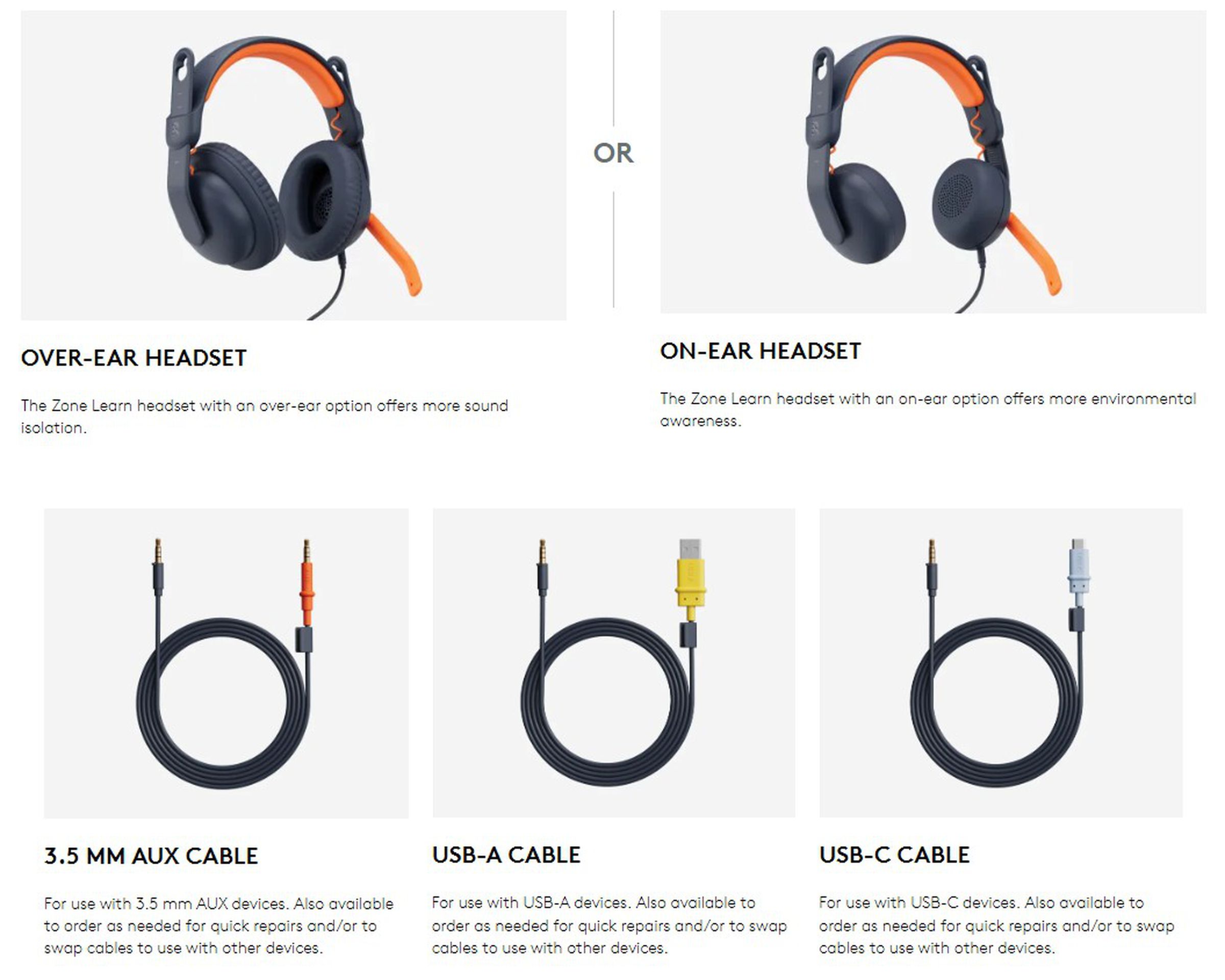 Over-ear, on-ear, and three different modular cables are available to educators.