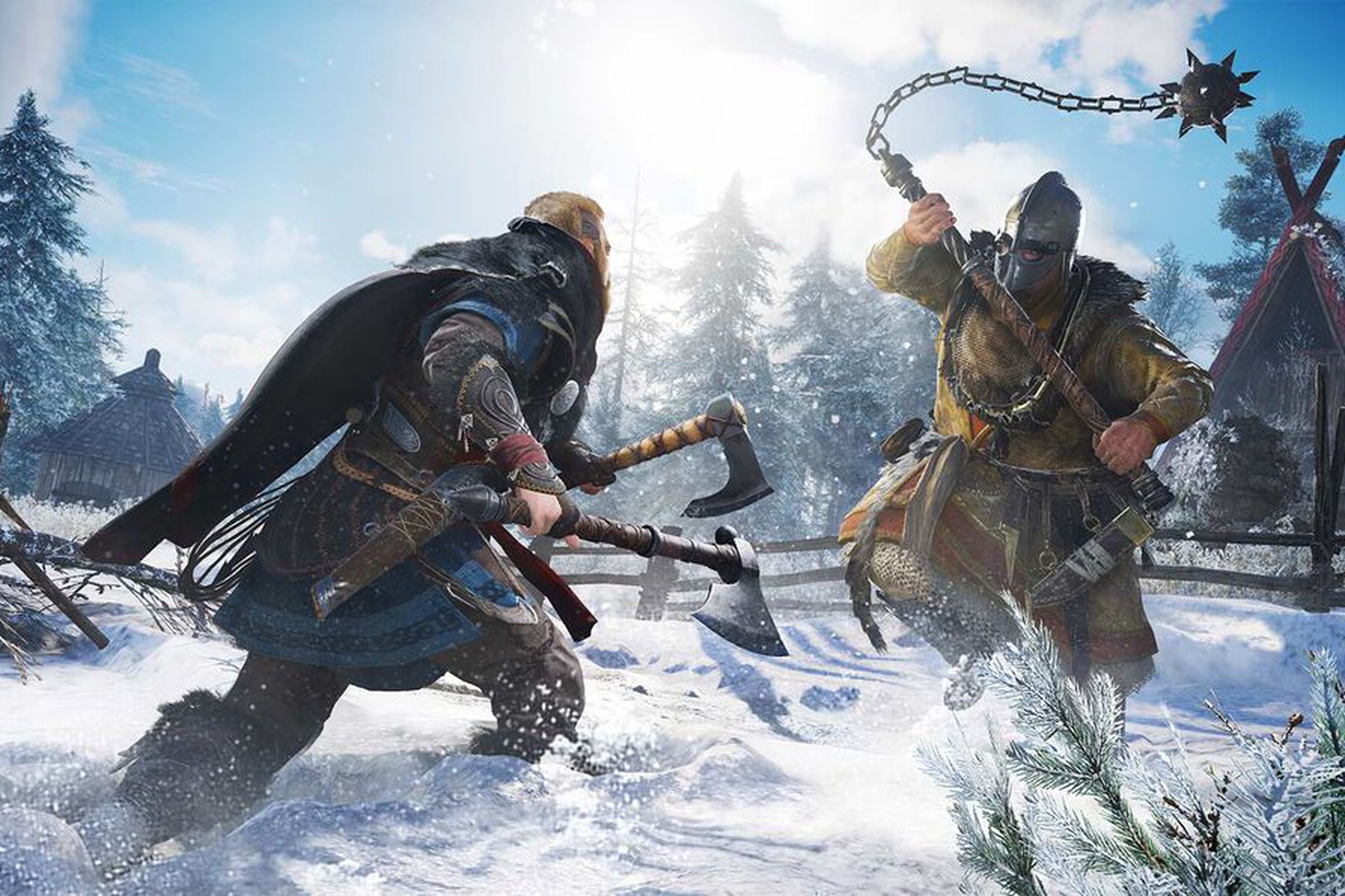 The main character from Assassin’s Creed Valhalla fights an enemy in a snowy battlefield.