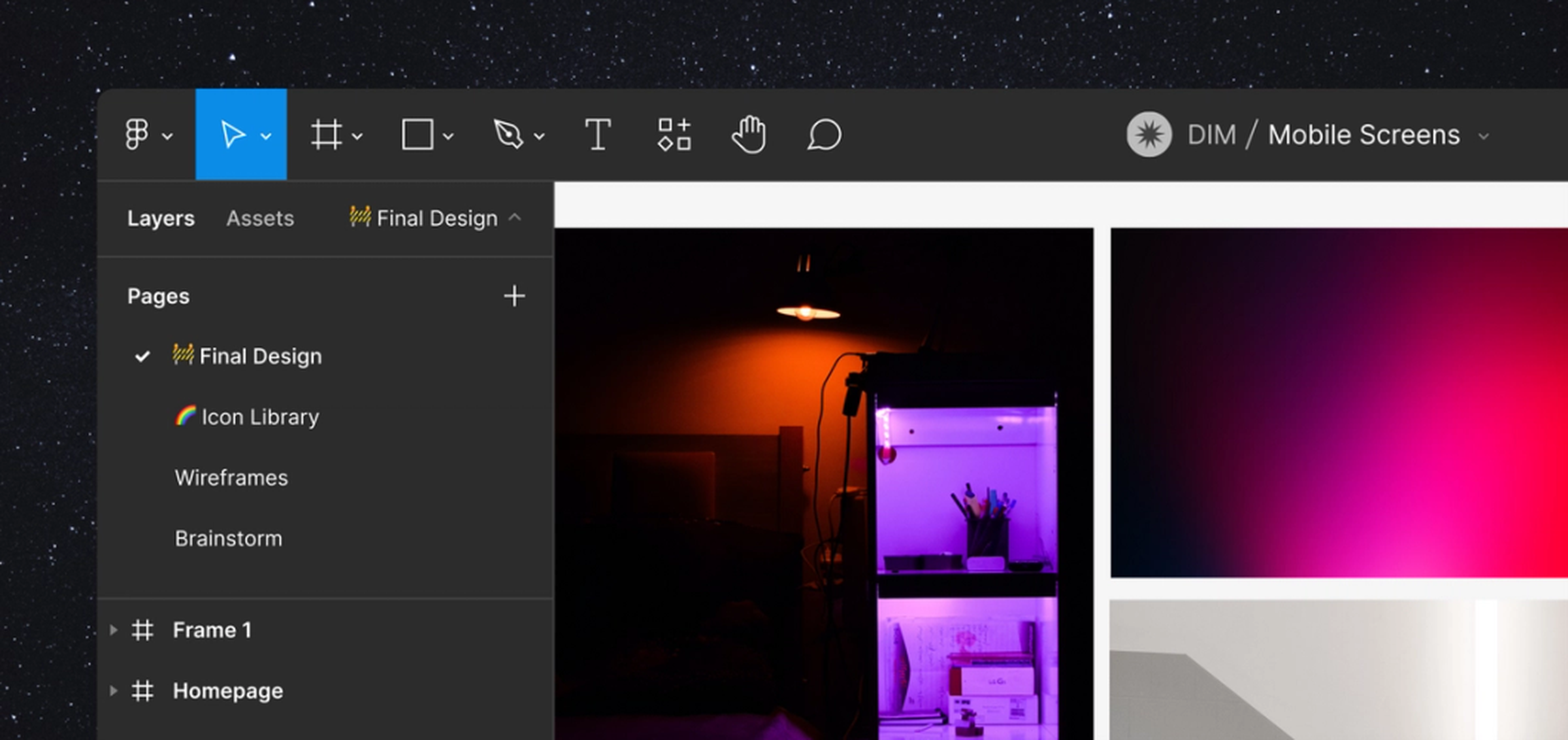 A screenshot of Figma’s new dark mode over a starry background.