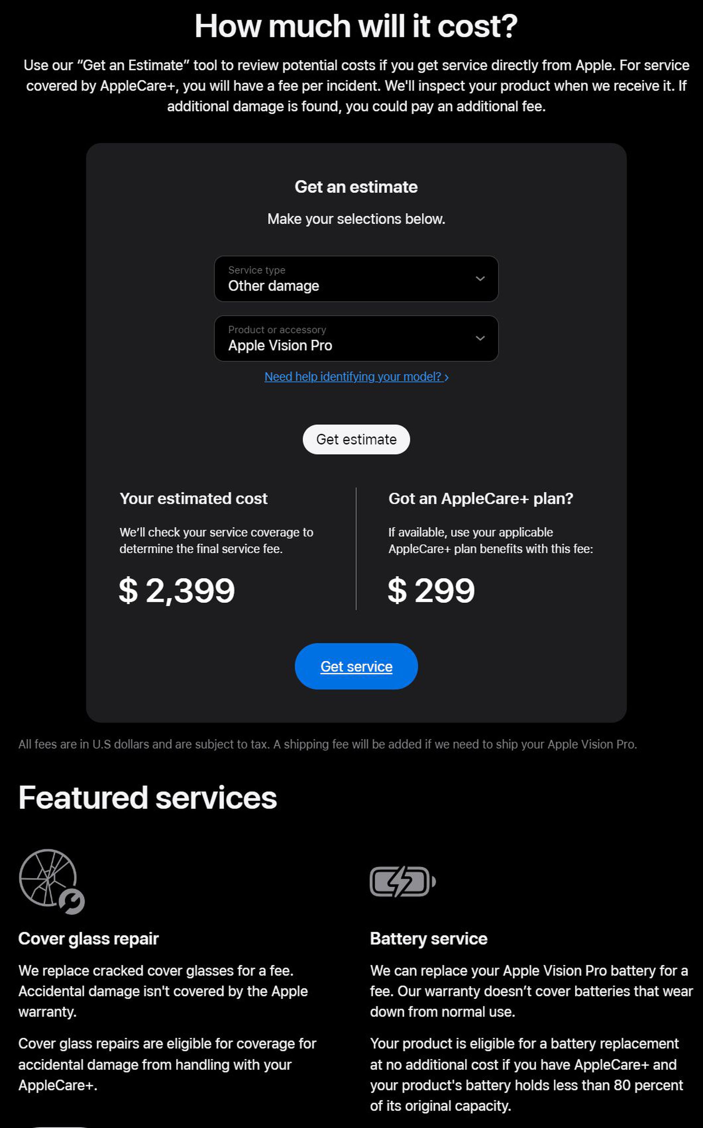 Screenshot of Appleâ€™s website for cost estimates on Vision Pro repairs showing a potential cost of $2,399.