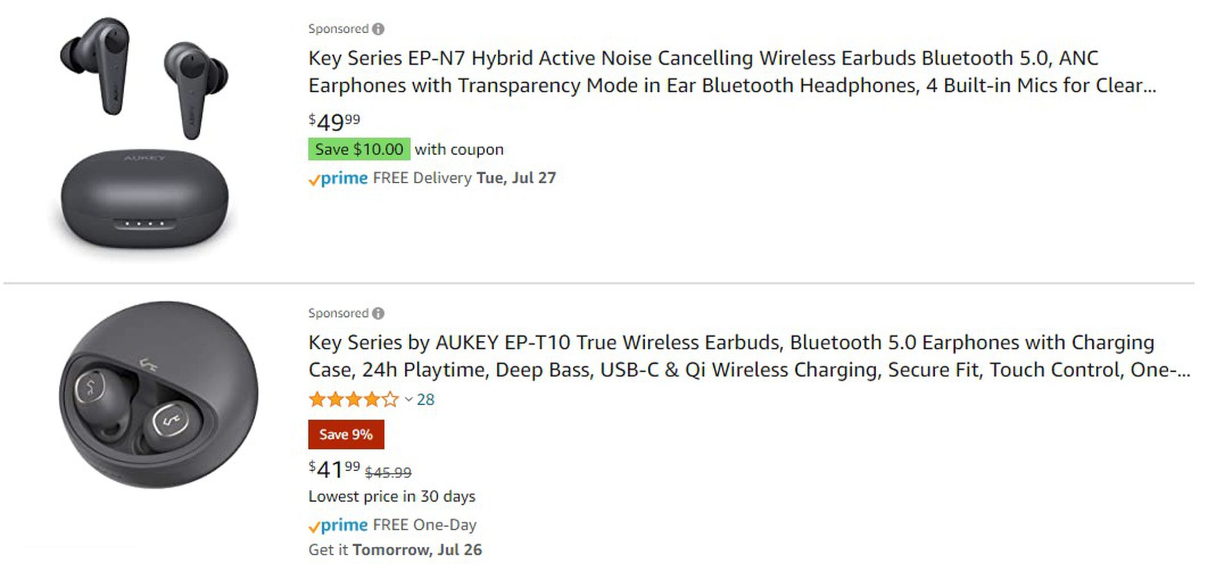 Aukey is paying to promote two of its wireless earbud sets at Amazon despite being thrown off the platform two months ago.