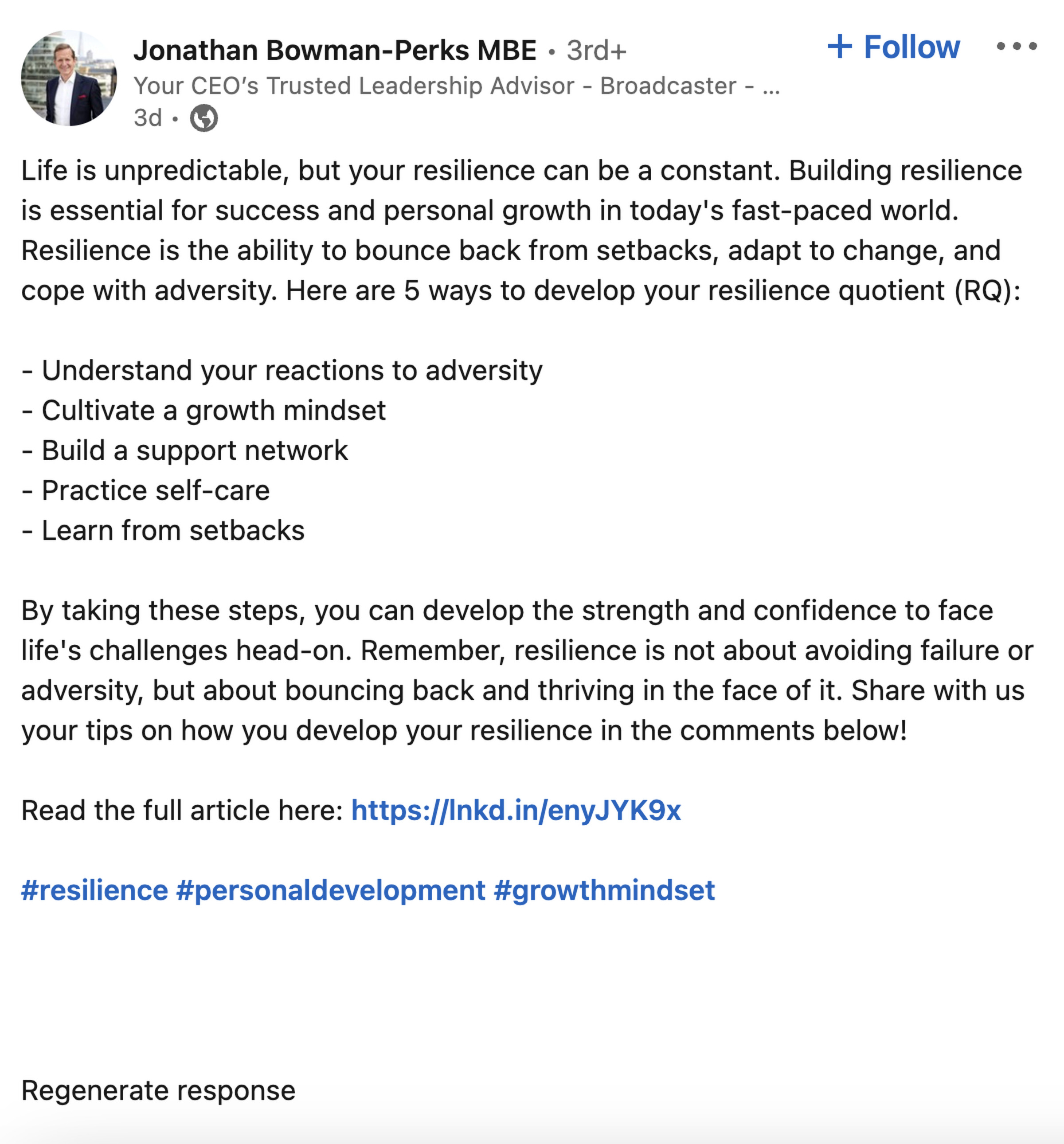 Screenshot of a LinkedIn post exhorting readers to build resilience, follow personal growth, etc, etc. It ends with the phrase “Regenerate Response.”