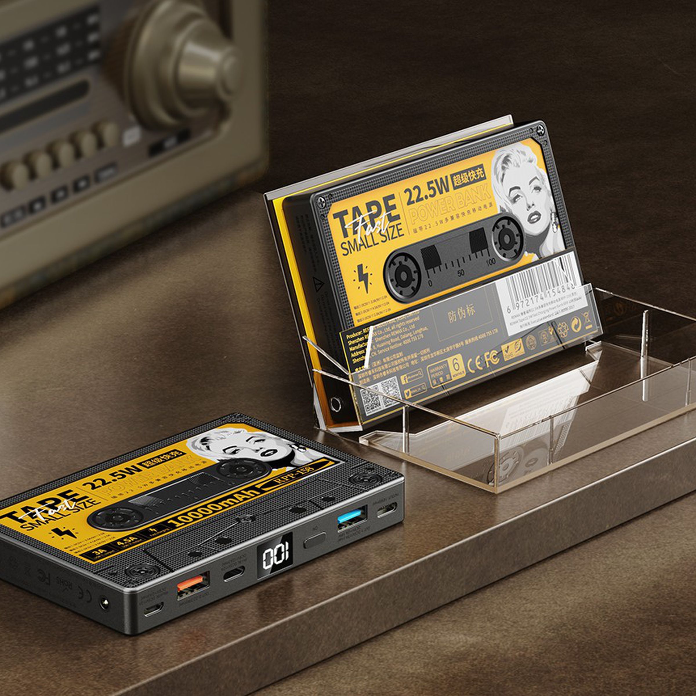 it looks like a cassette tape, but it’s got USB ports and a little display.