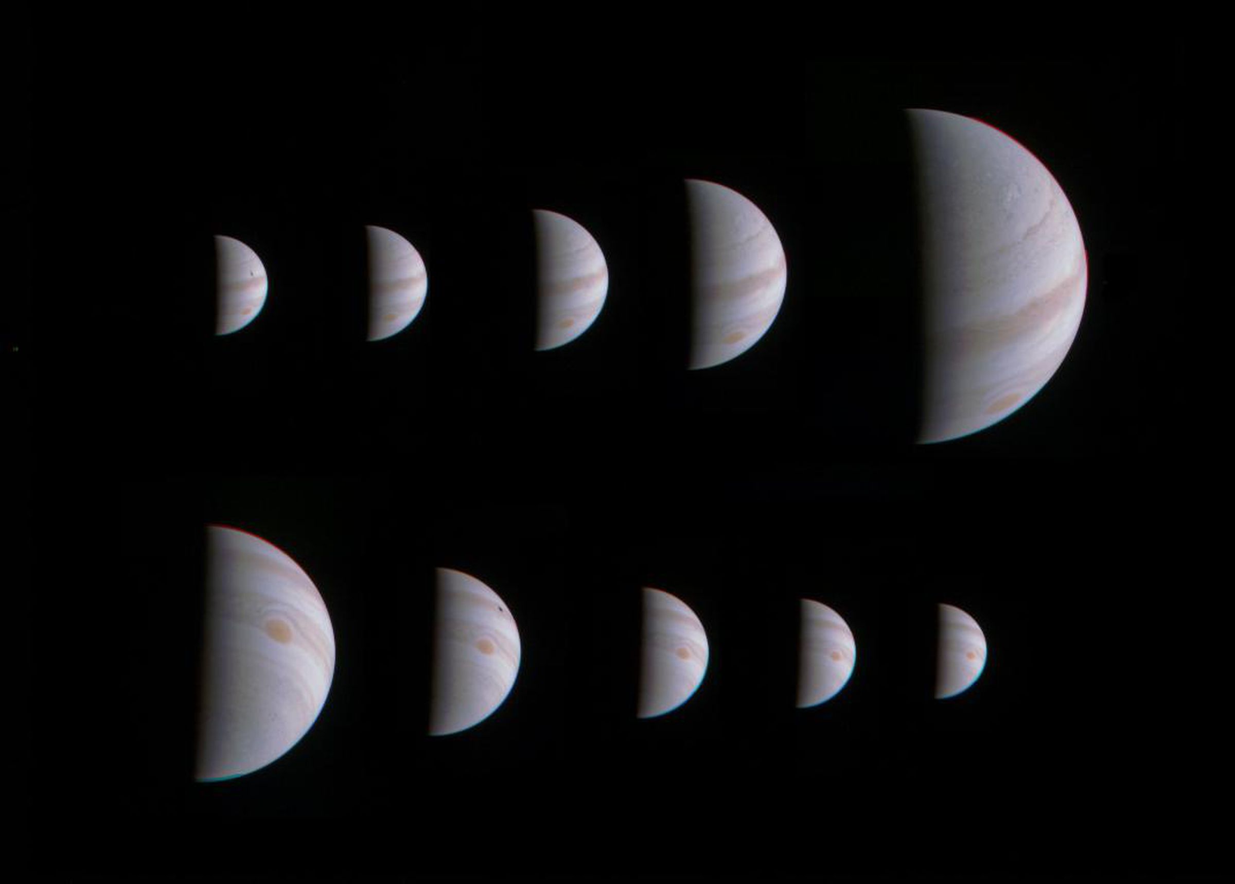 A montage of ten JunoCam images shows Jupiter growing and shrinking before and after Juno made its closest approach on August 27th