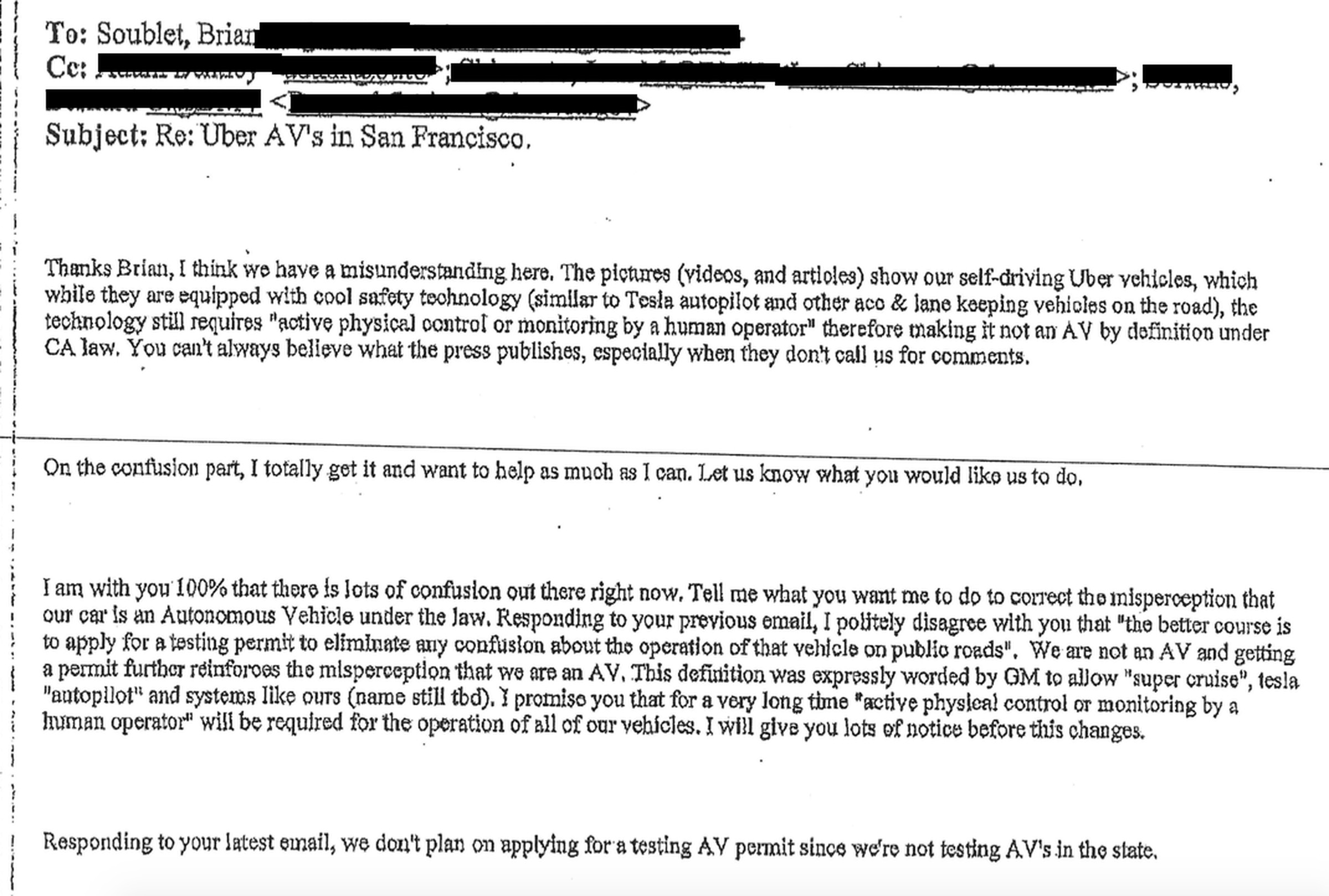 An email, dated September 22nd, from Uber’s Anthony Levandowski to the DMV’s Brian Soublet