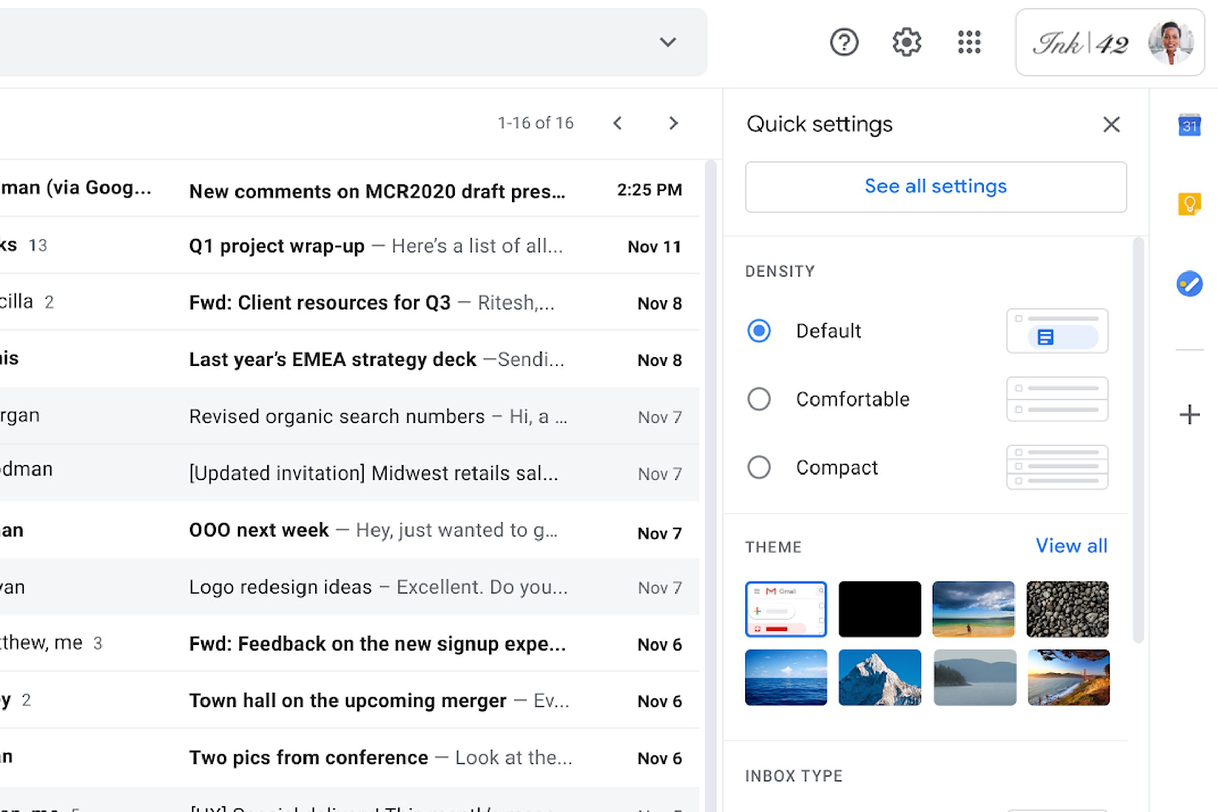 Gmail quick settings menu