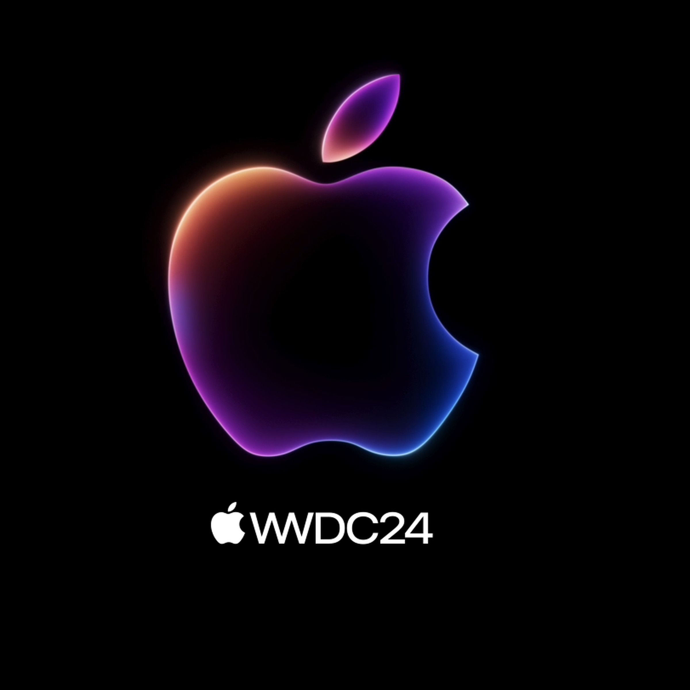 Colorful outline of the Apple logo with WWDC 24 in text below it. Black background.