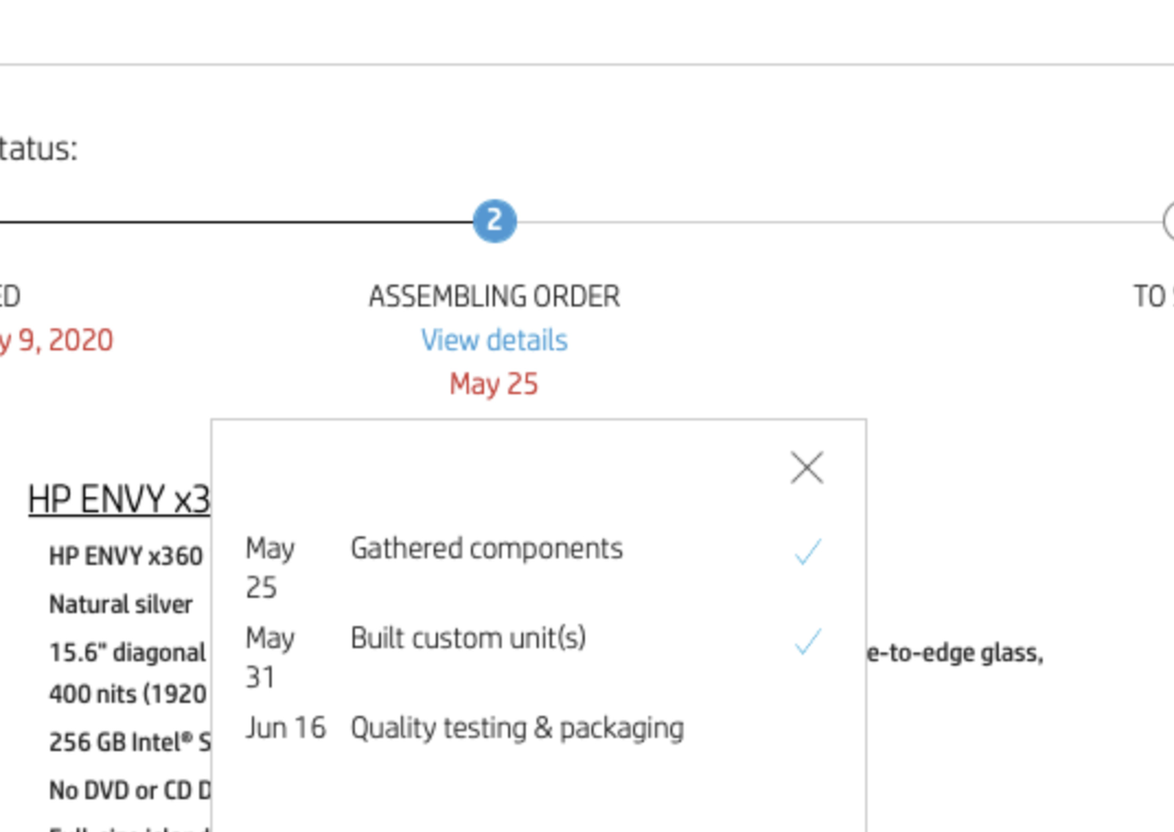 A screenshot of one custom HP Envy x360 15t order, showing over a three-week shipping period.