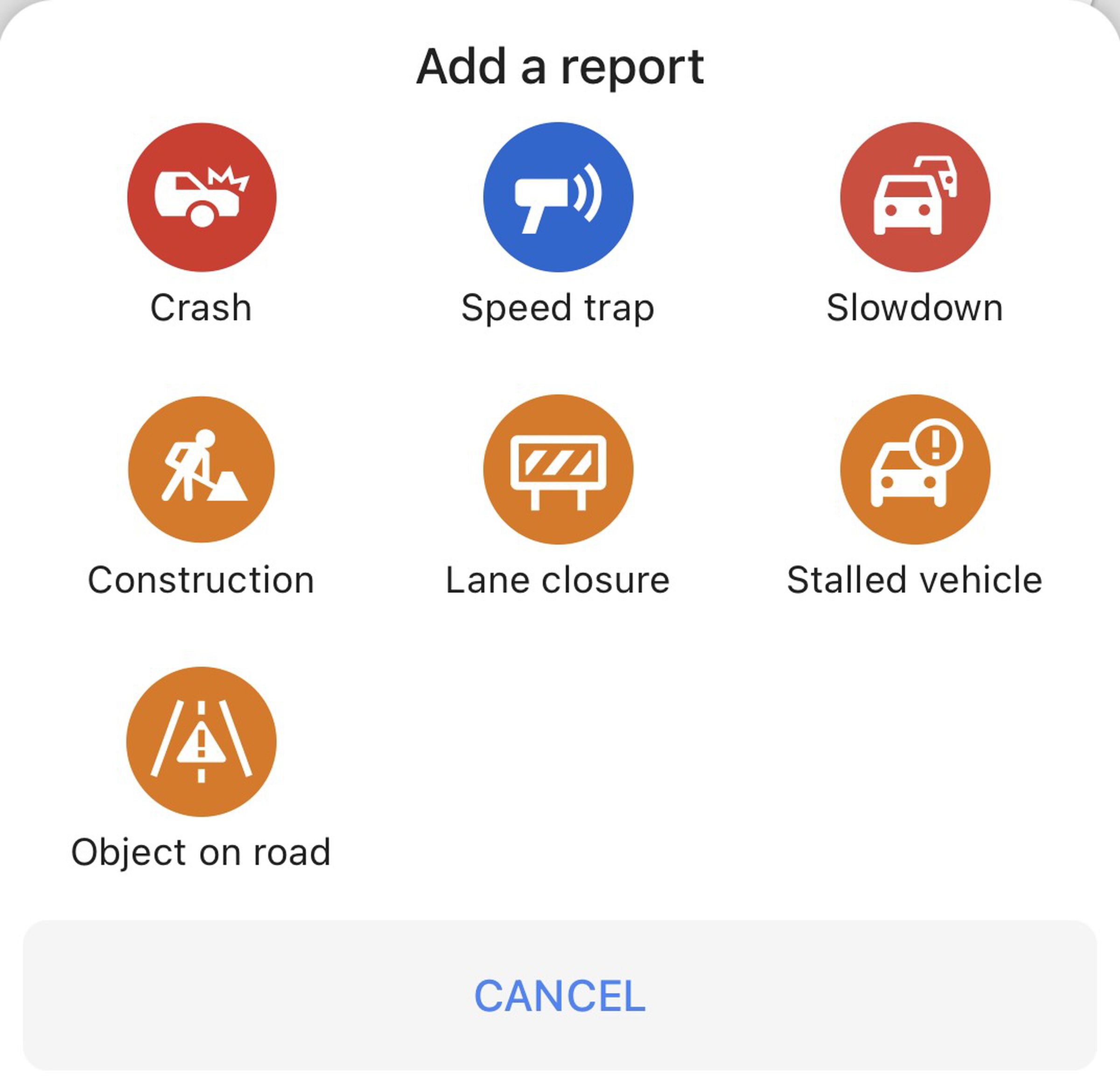 Google’s report interface has more options for hazard/incident types.