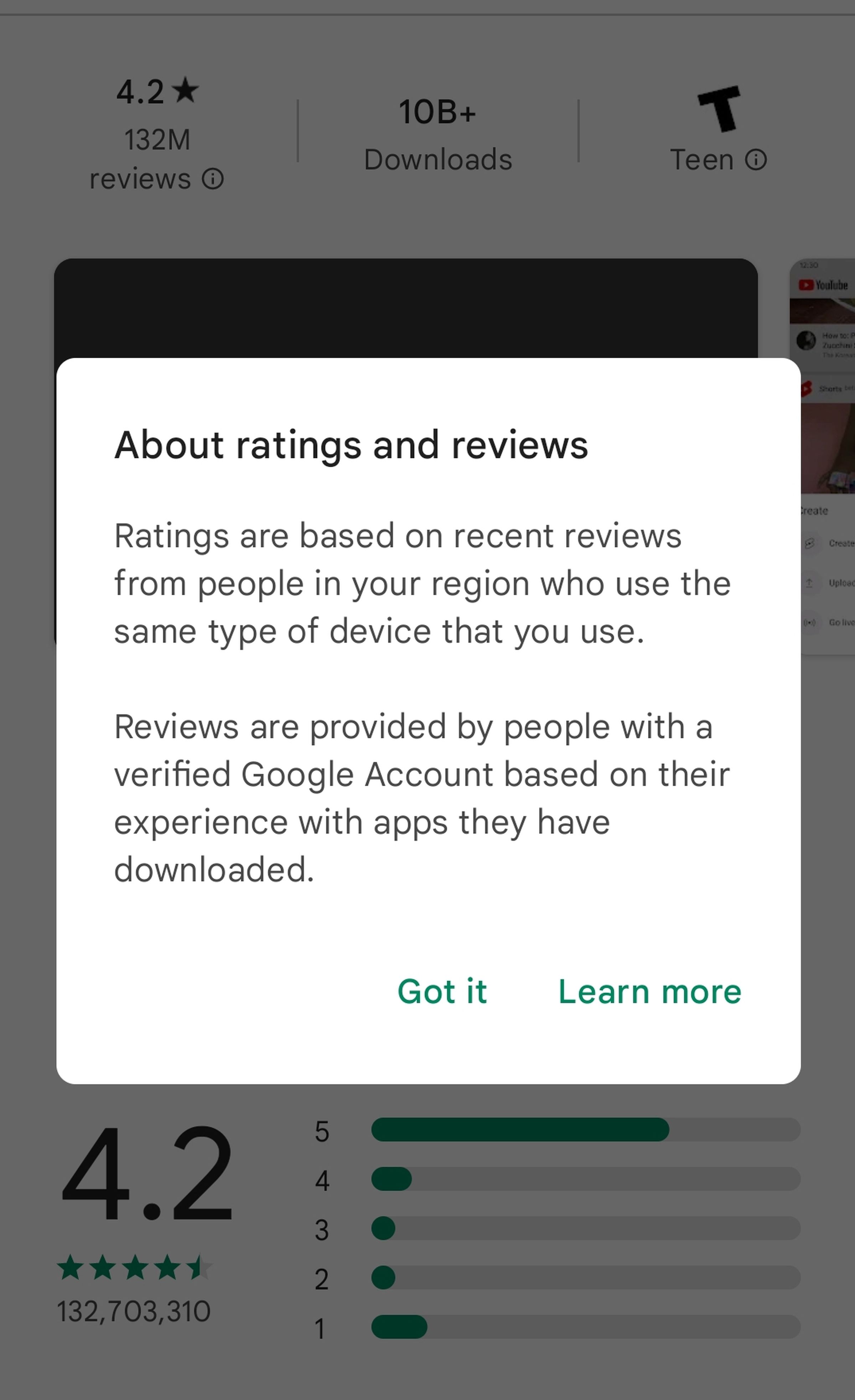 Screenshot showing a popup box from the Play Store. It reads: About ratings and reviews. Ratings are based on recent reviews from people in your region who use the same type of device that you use. Reviews are provided by people with a verified Google Account based on their experience with apps they have downloaded.