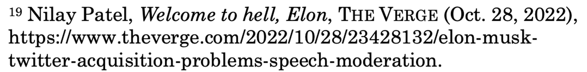 A screenshot of a citation in a Supreme Court brief to “Welcome to hell, Elon” by Nilay Patel at The Verge.