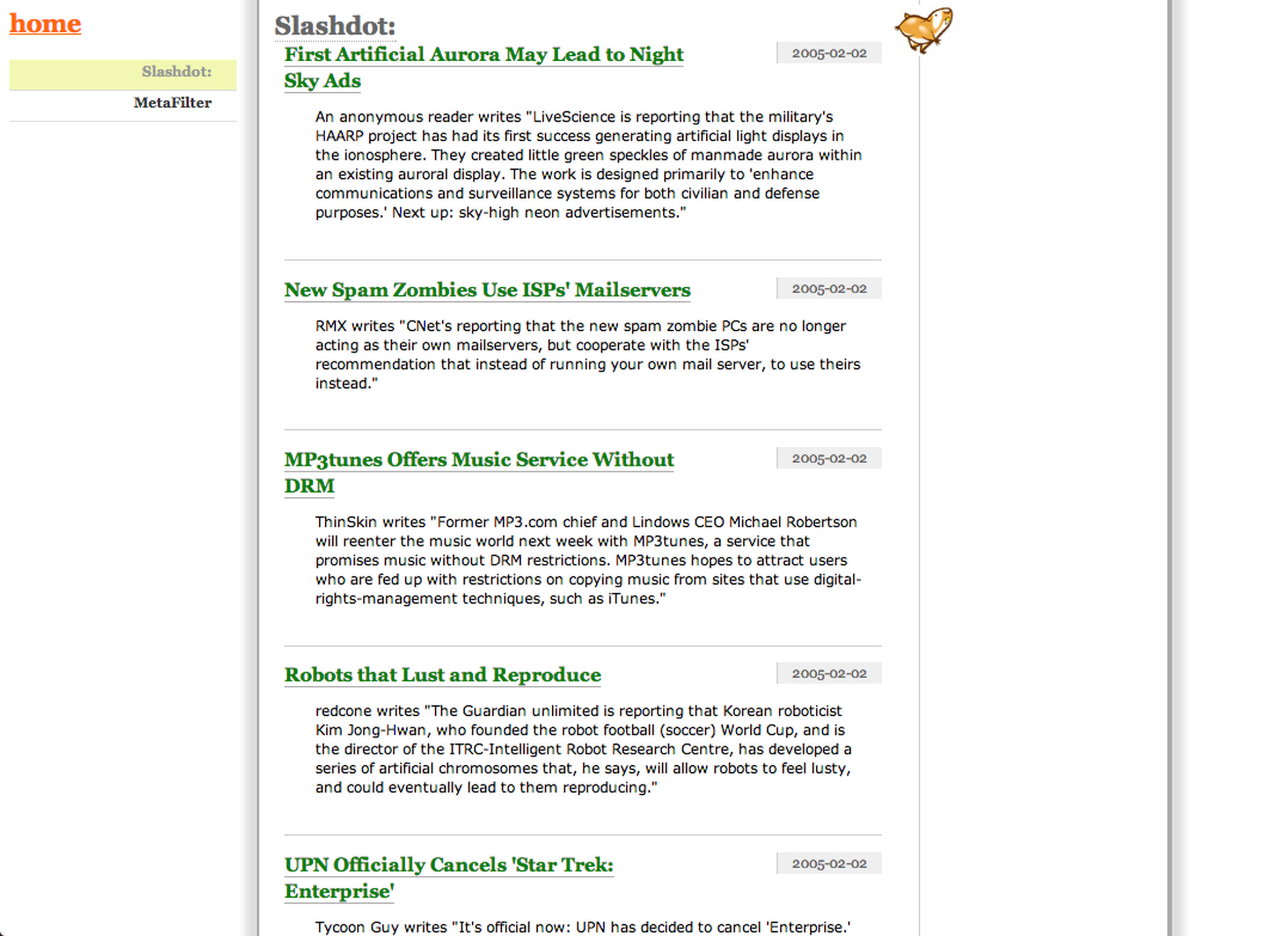 A screenshot of a prototype feed reader, showing several articles on the page.