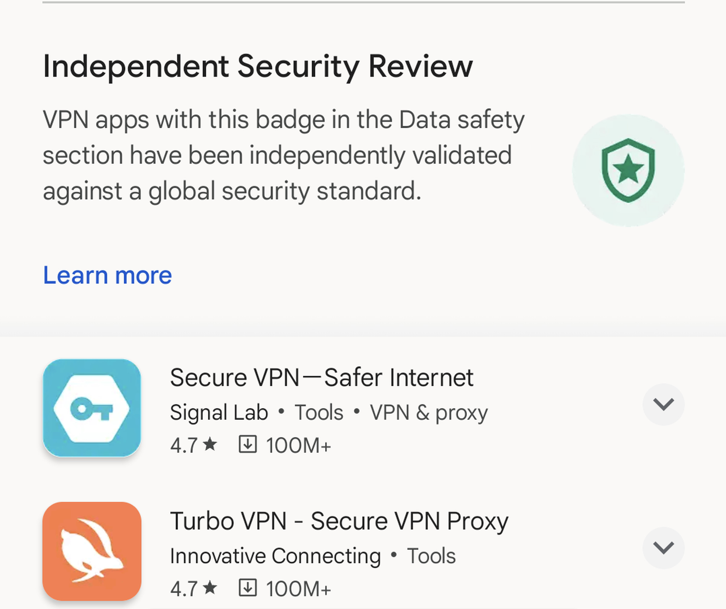 A screenshot of the new banner, which shows a picture of the security review badge and includes a “Learn more” link.