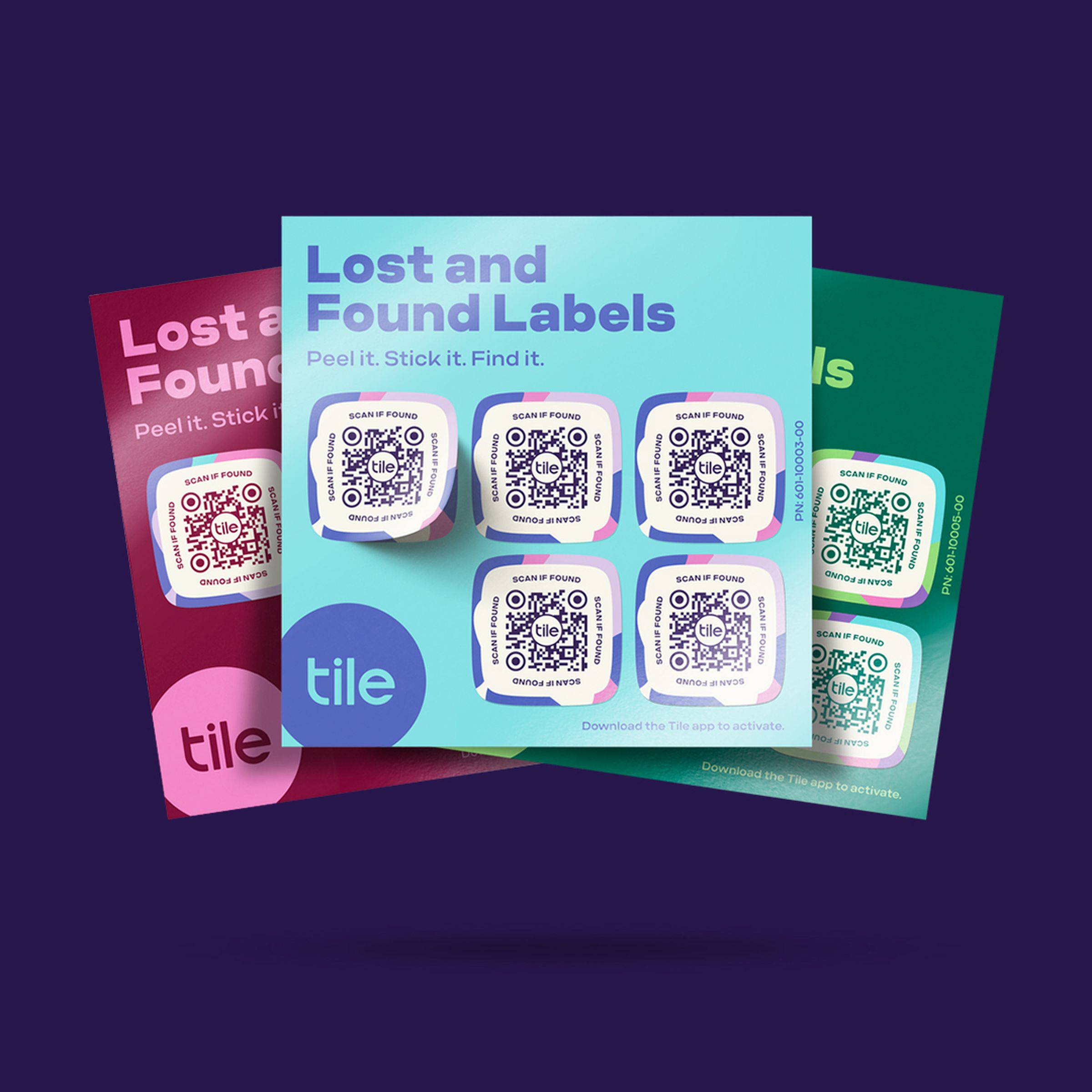 Renders of three sheets of Tile lost and found labels
