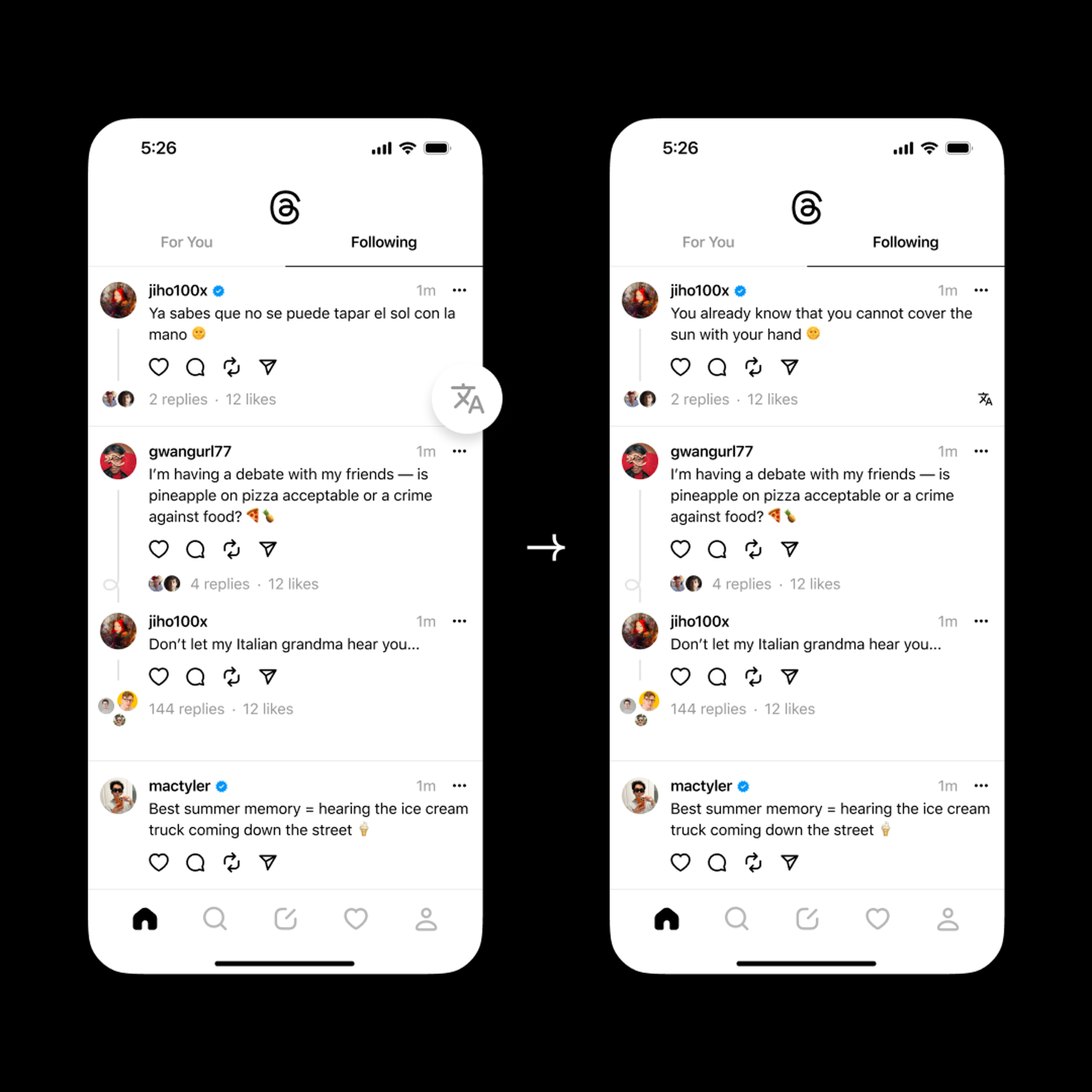 A picture of two phone screens side-by-side with the following feed, showcasing translations.
