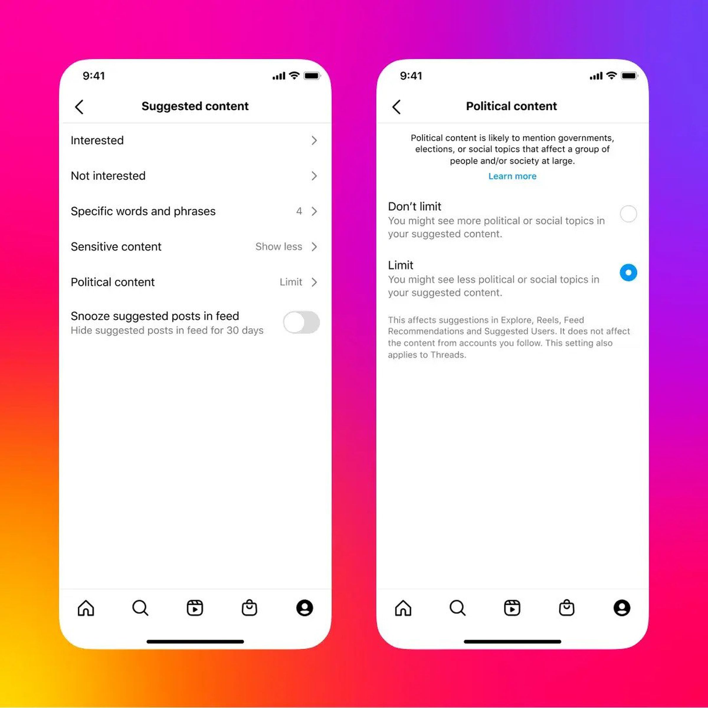 An early look at an Instagram settings feature that allows users to filter out political content from their recommended feeds.