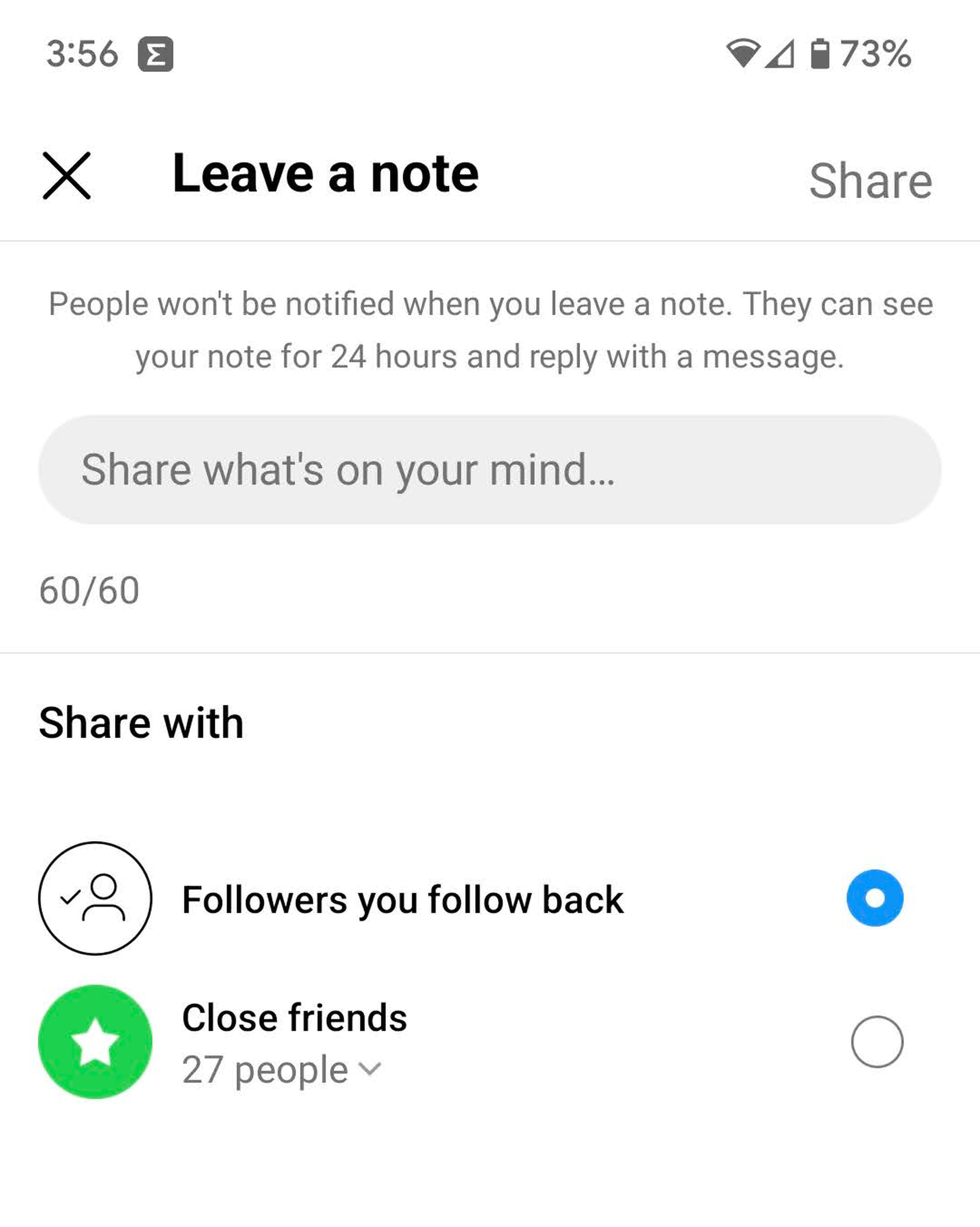 Page titled “Leave a note” with a space labeled “Share what’s on your mind” and two Share with lines.