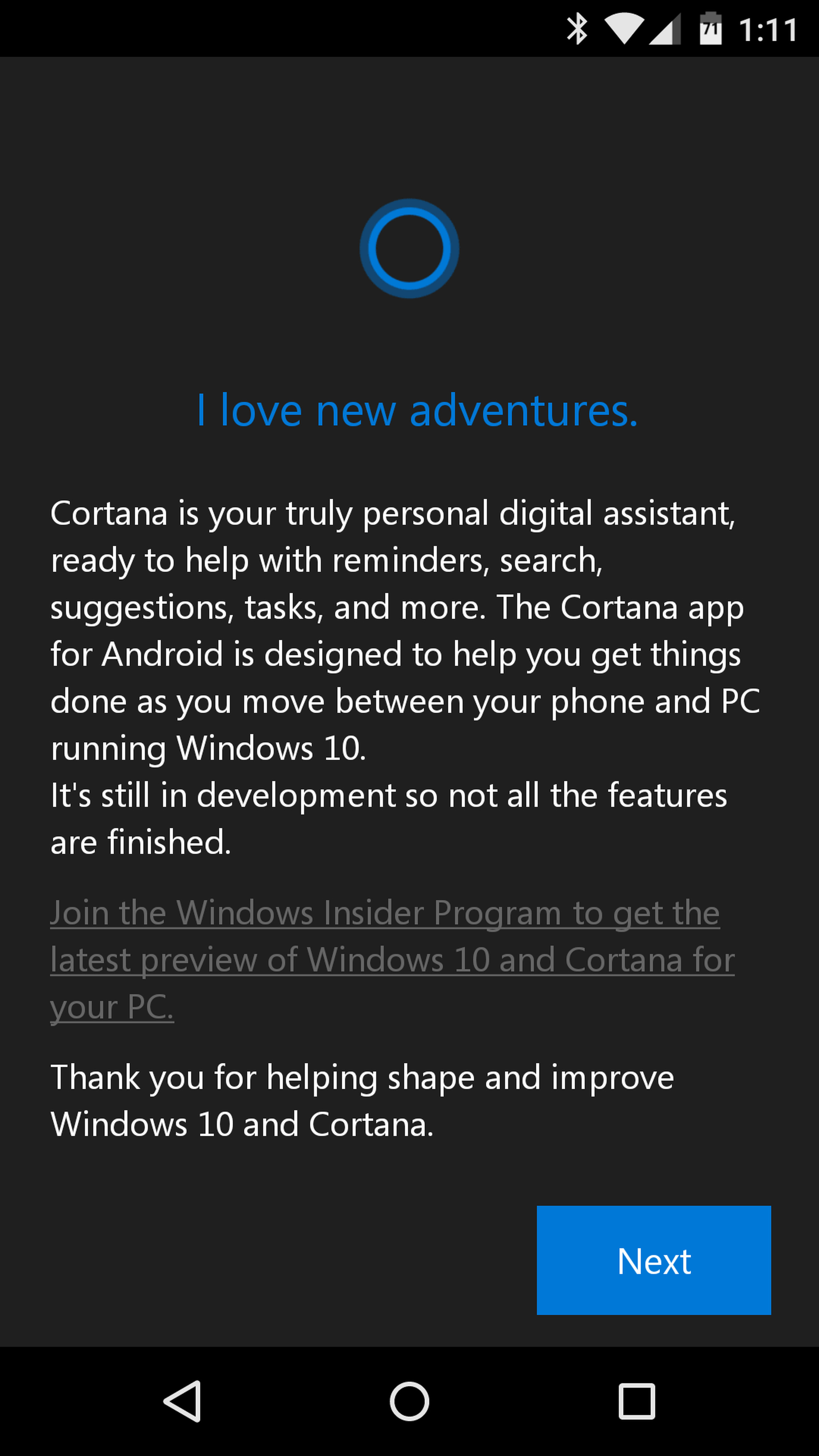 Cortana for Android screenshots