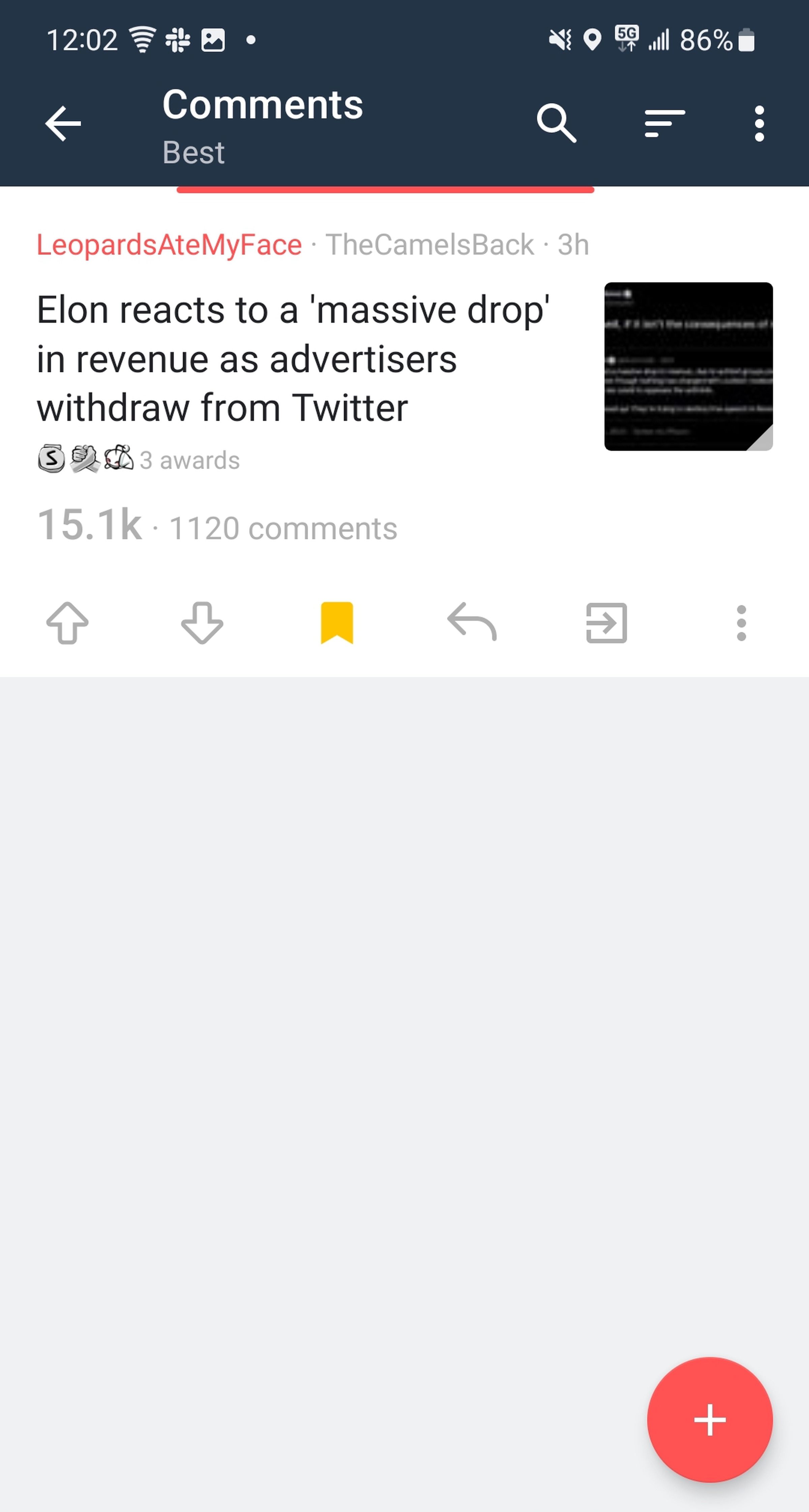 Screenshot of the comments screen for a Reddit post titled “Elon reacts to a ‘massive drop’ in revenue as advertisers withdraw from Twitter.” No comments are loaded. 