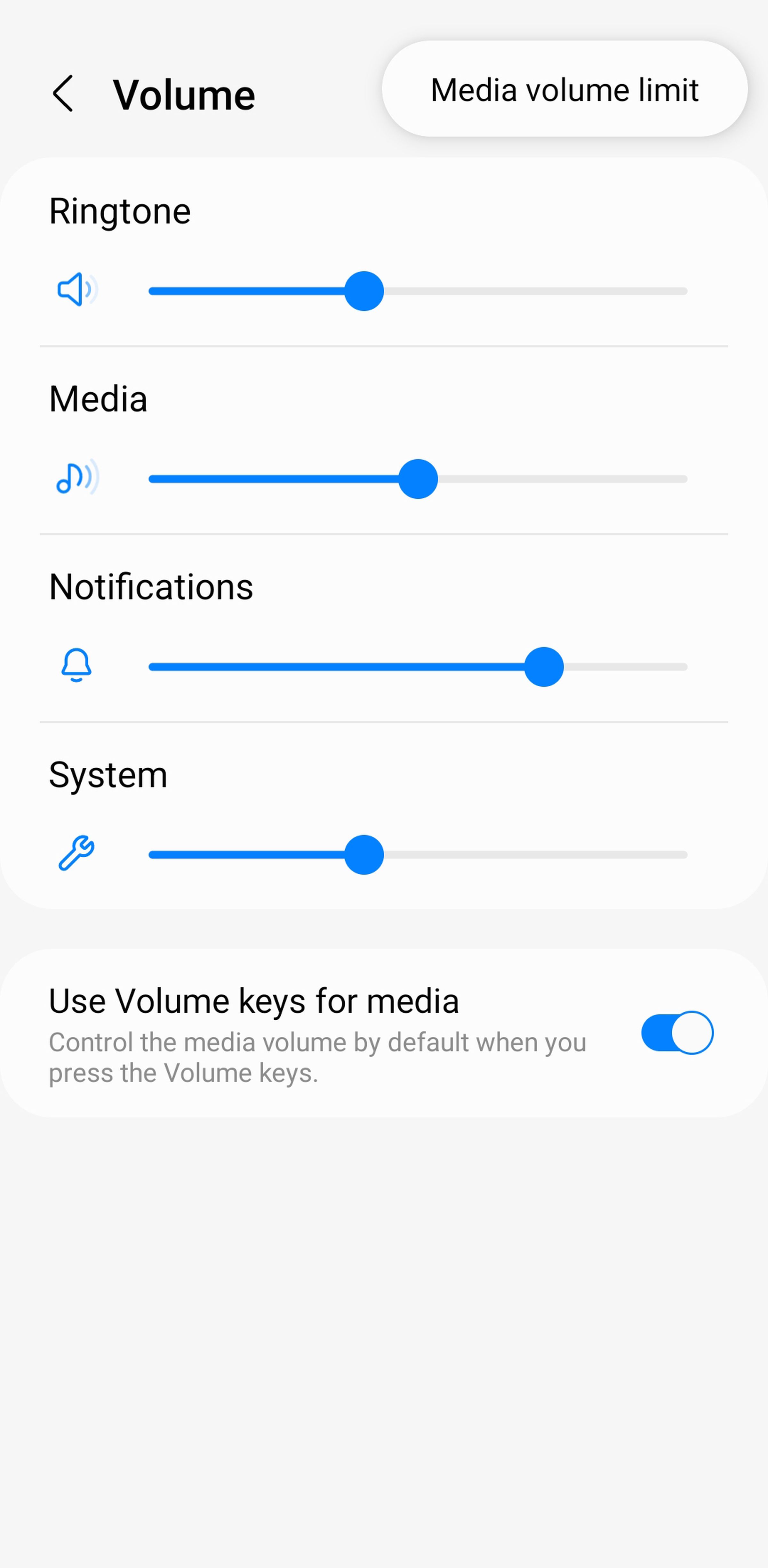 Mobile screen with Volume on top, and controls for Ringtone, Media, Notifications and System.