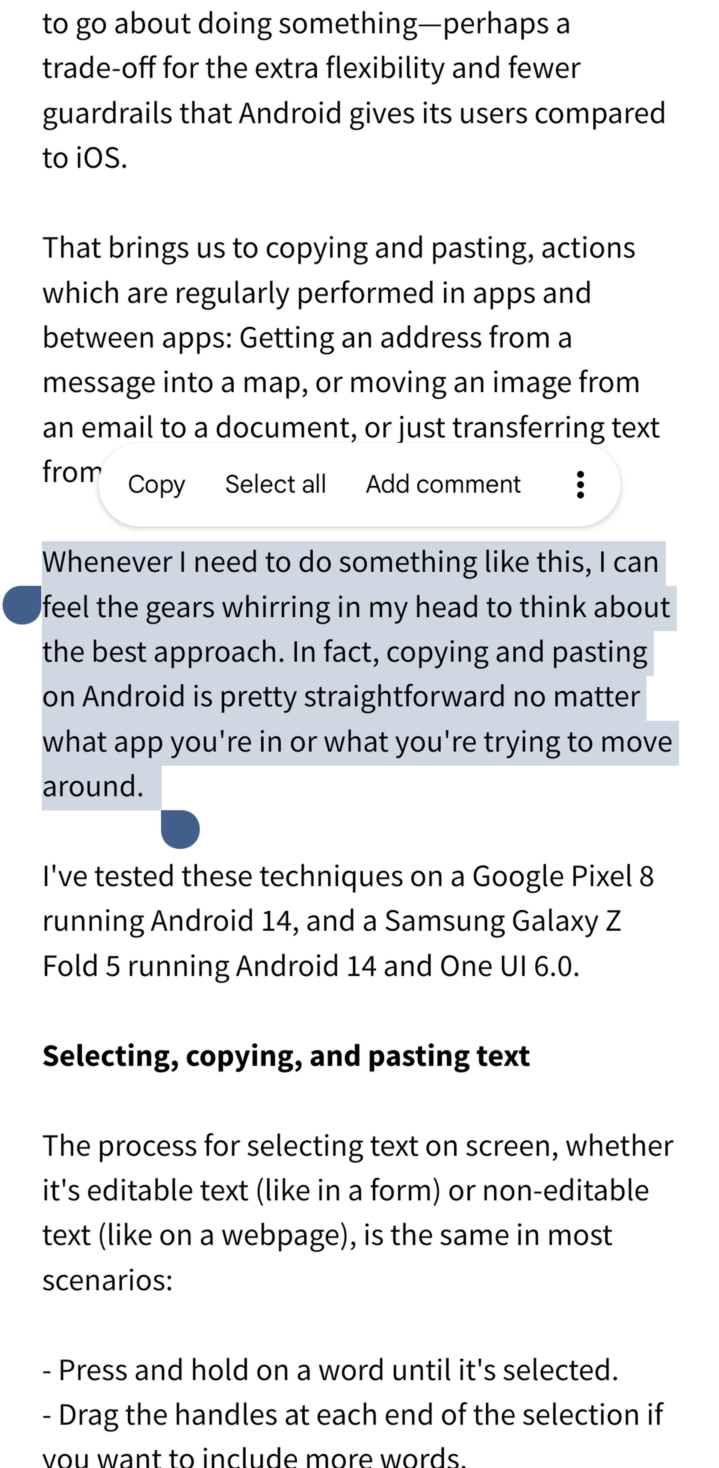 Page of text with one paragraph highlighted and a menu bar reading copy, select all, add comment above it.