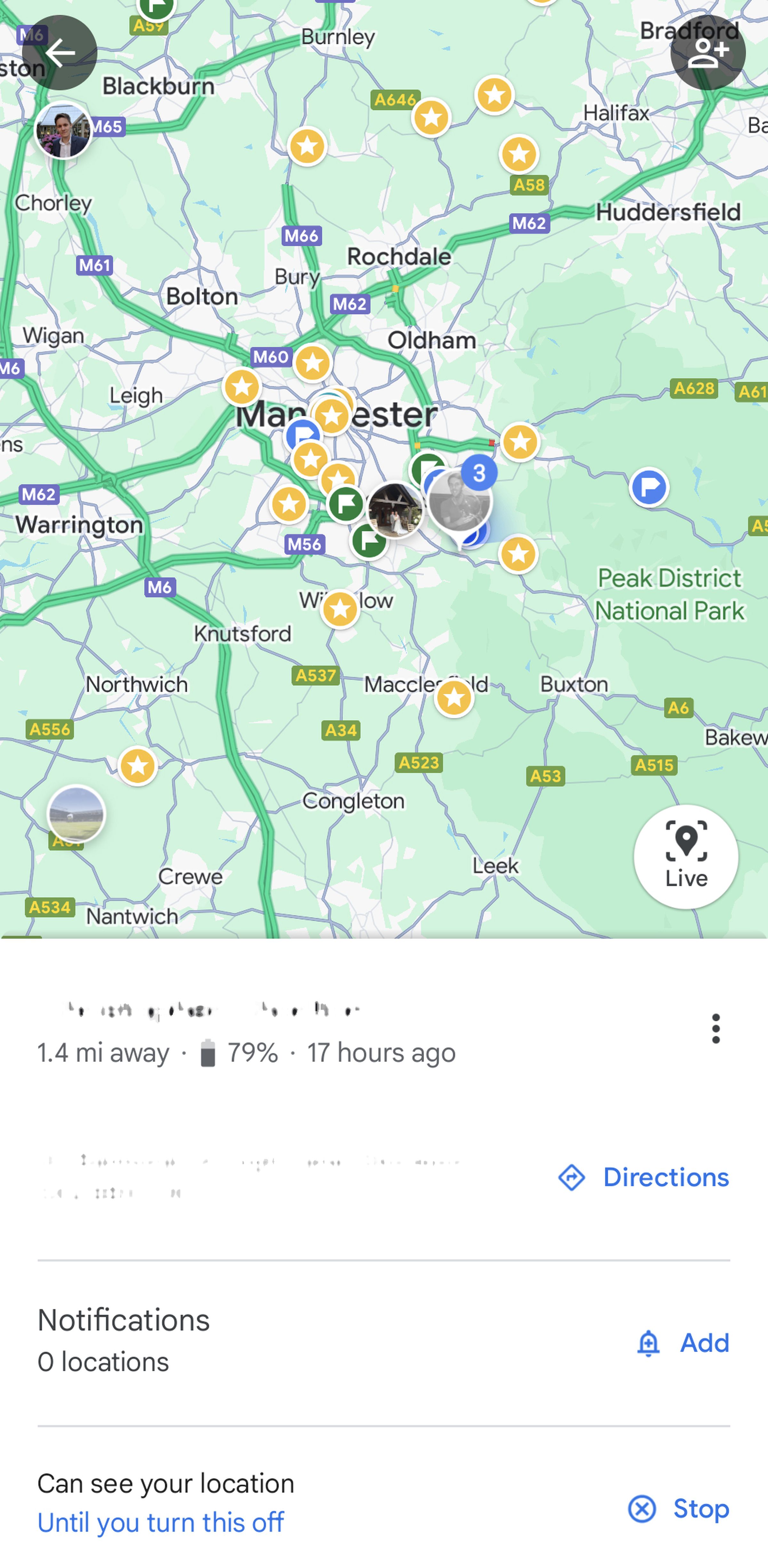 Map with obscured name below and cards for Notifications and Can see your location.