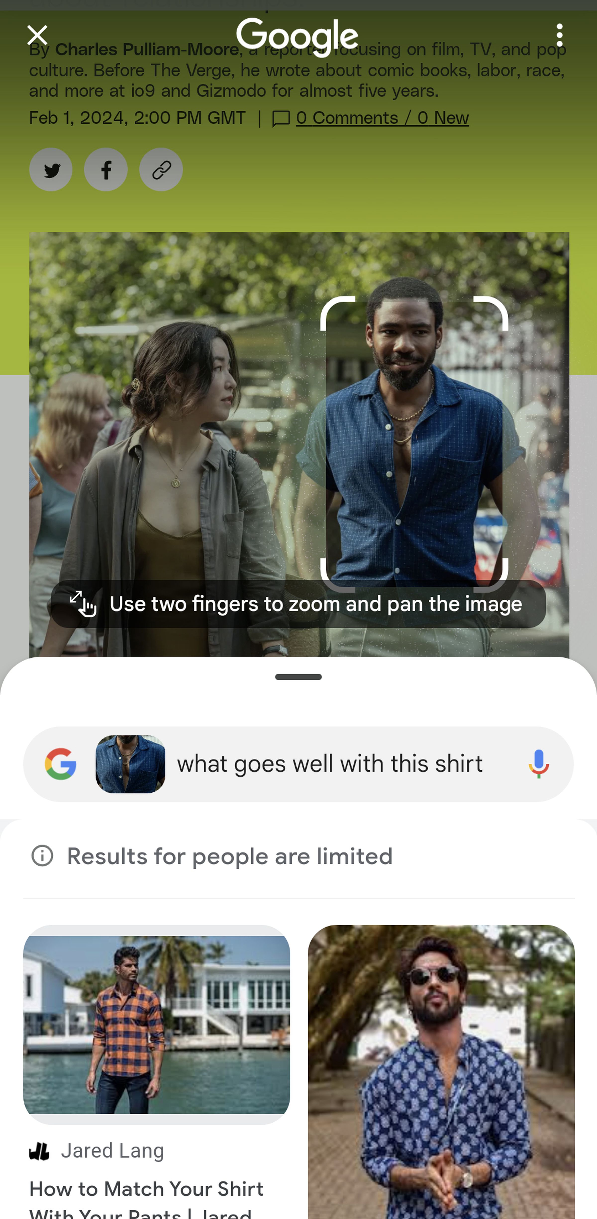 Mobile screen showing a Google search with a photo of two people at top, a query of “what goes well with this shirt” and several other people wearing shirts in answer.