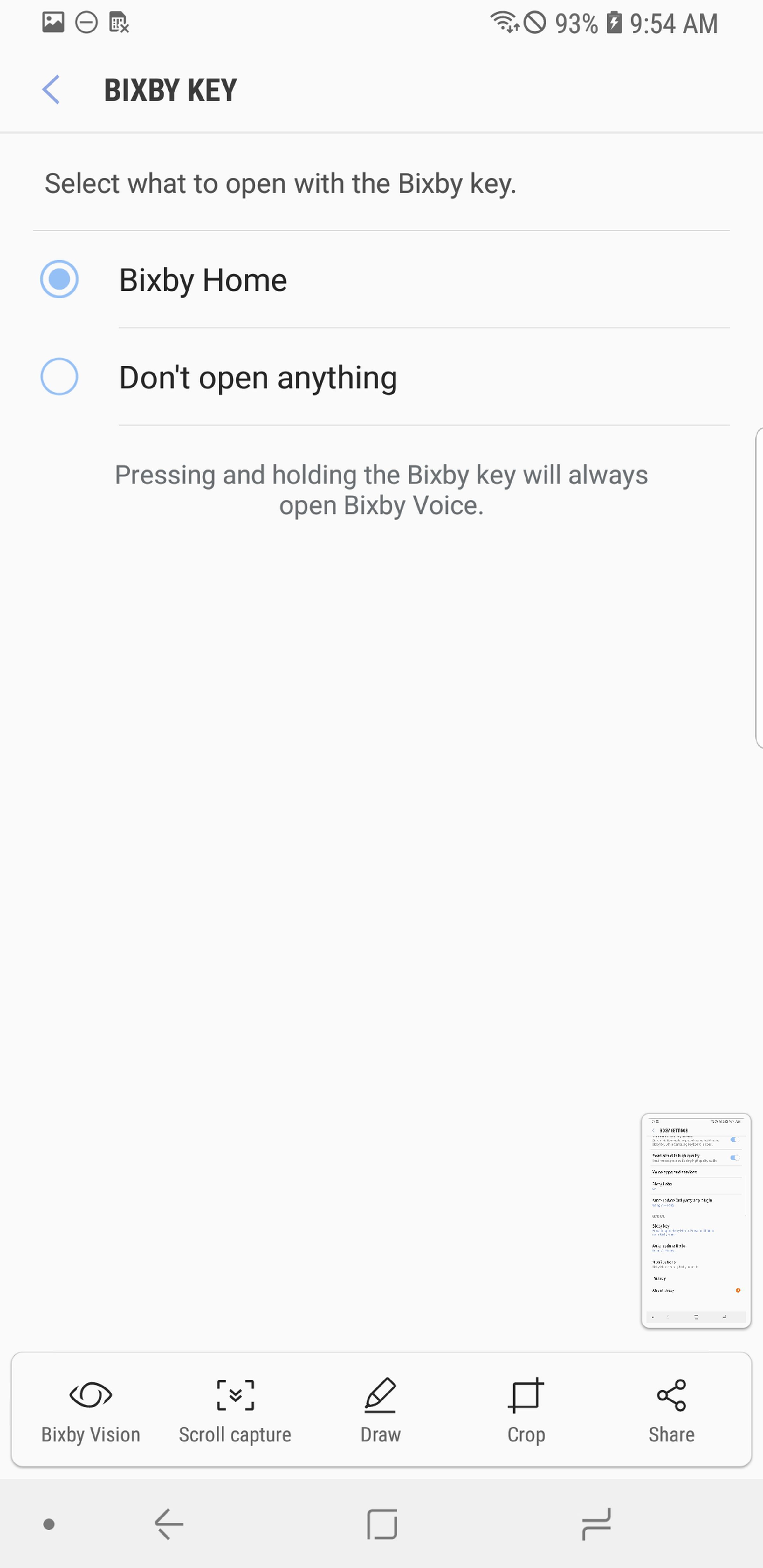 Bixby Key settings on the Galaxy S9.