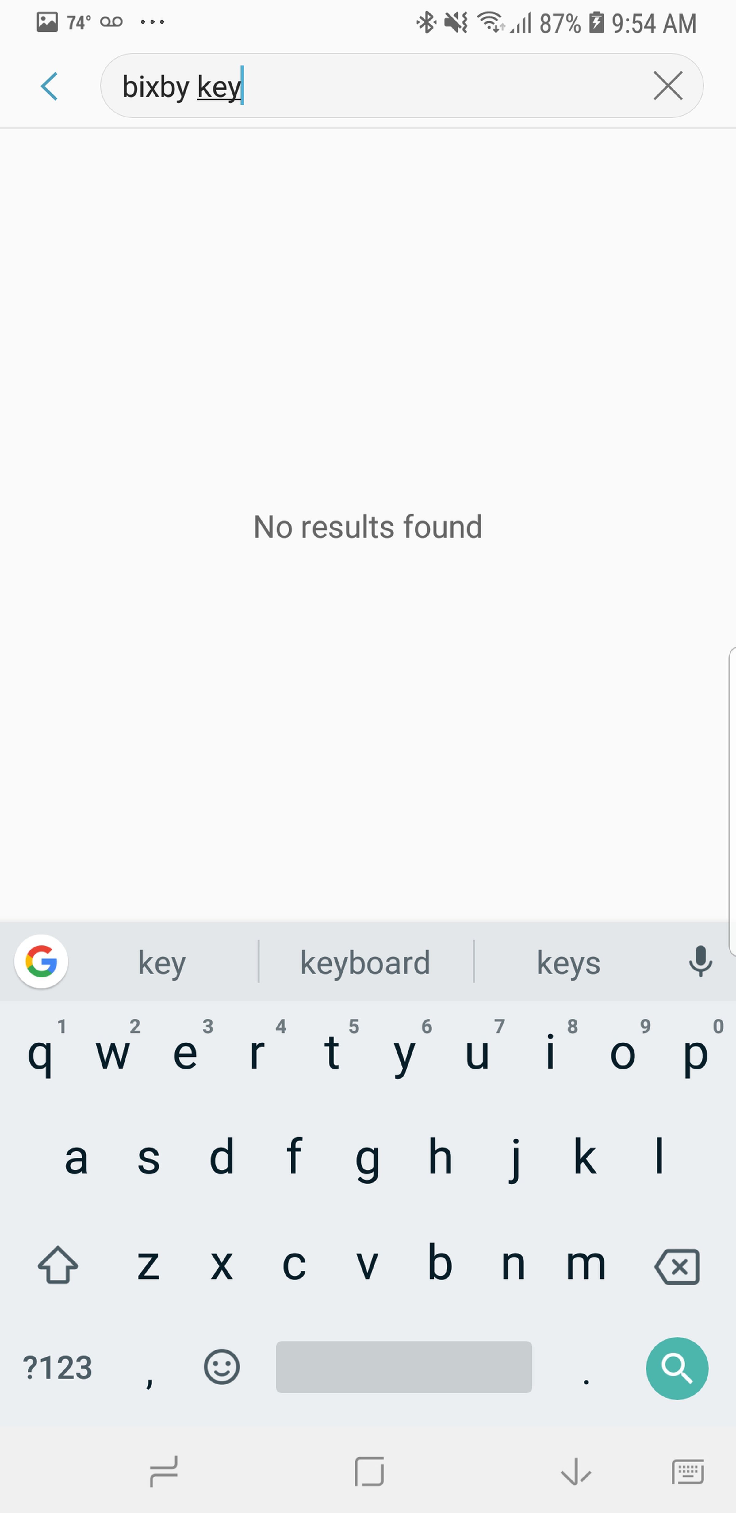 Searching for “Bixby Key” on the Galaxy Note 9.