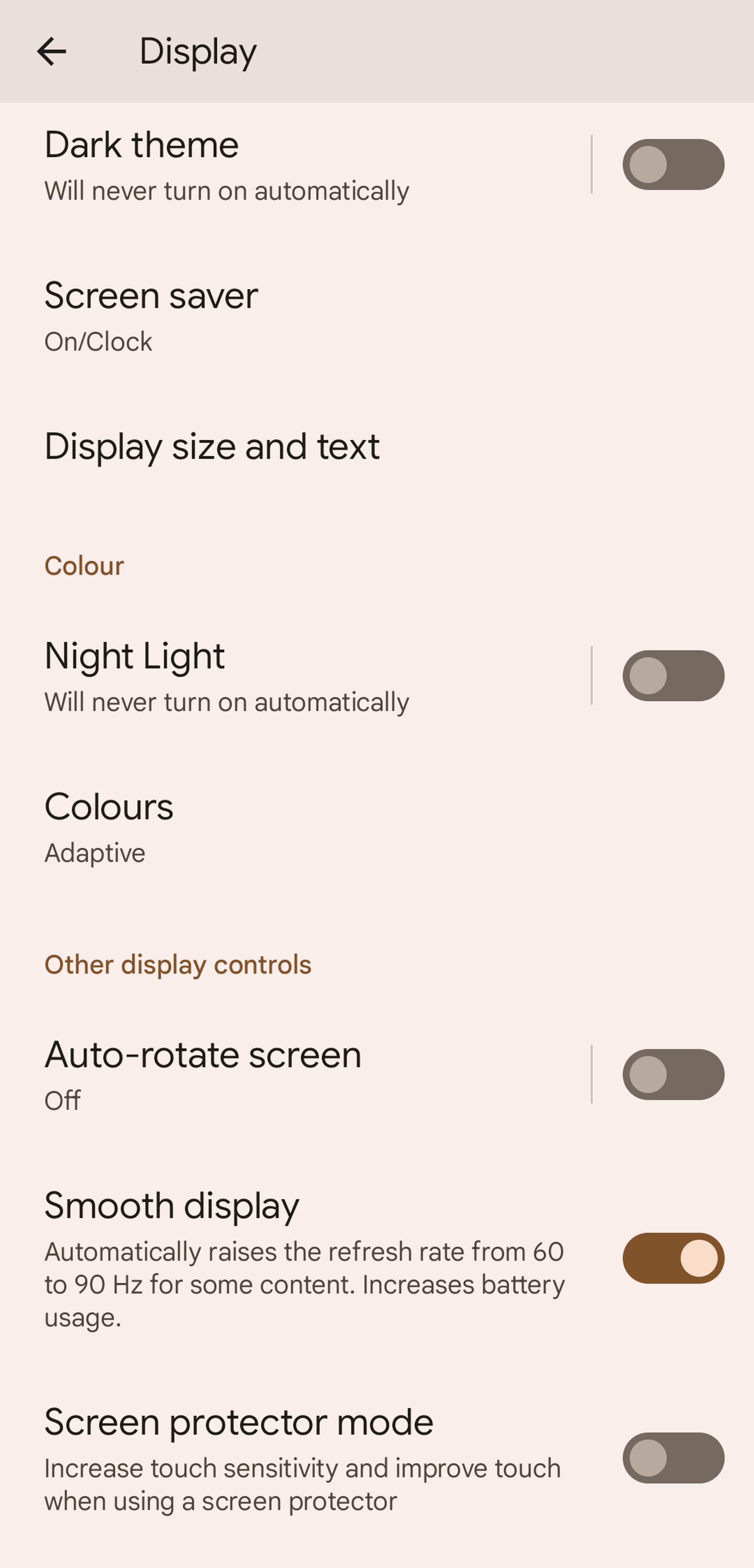 Display settings screen with a list of options, including Smooth display.