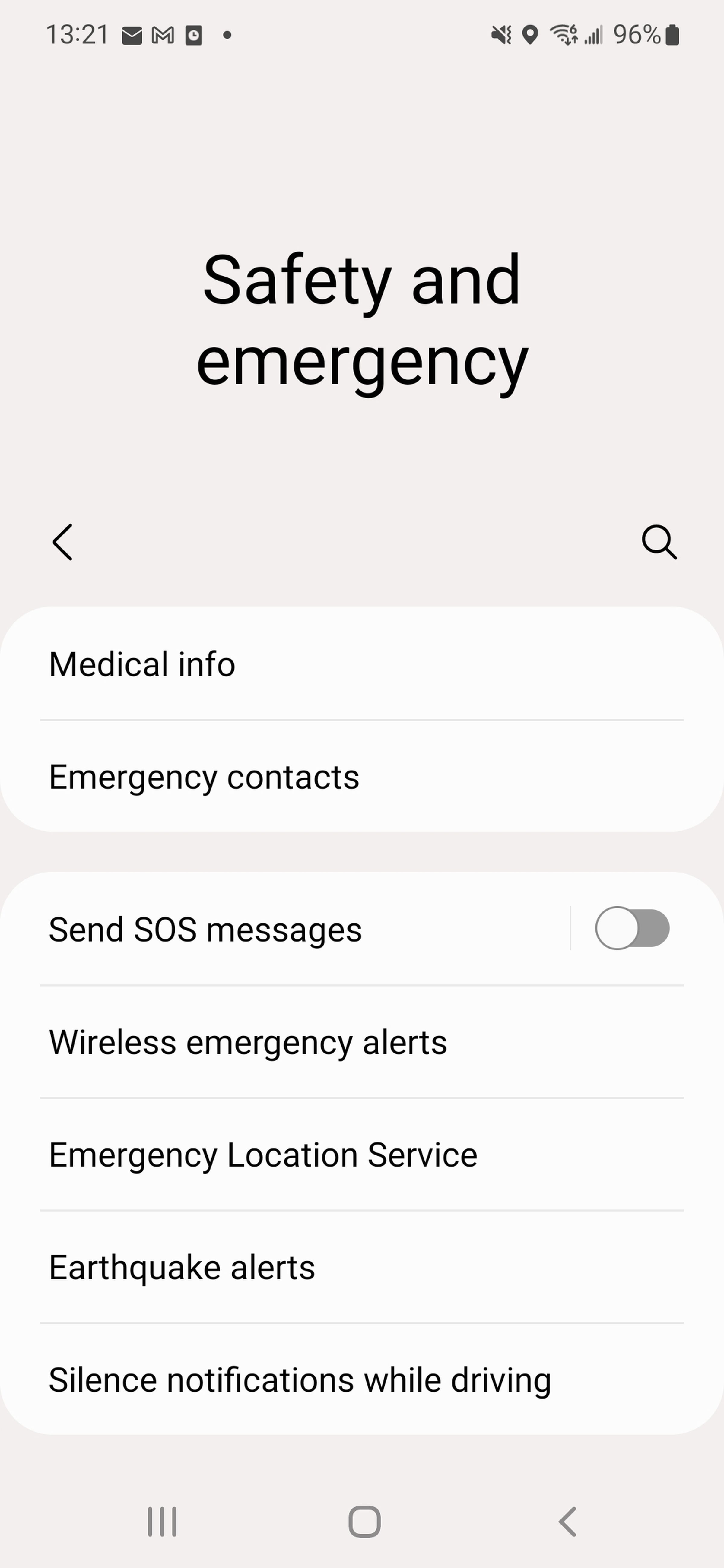 Screenshot of Samsung’s safety and emergency settings screen, with the Send SOS messages toggle.
