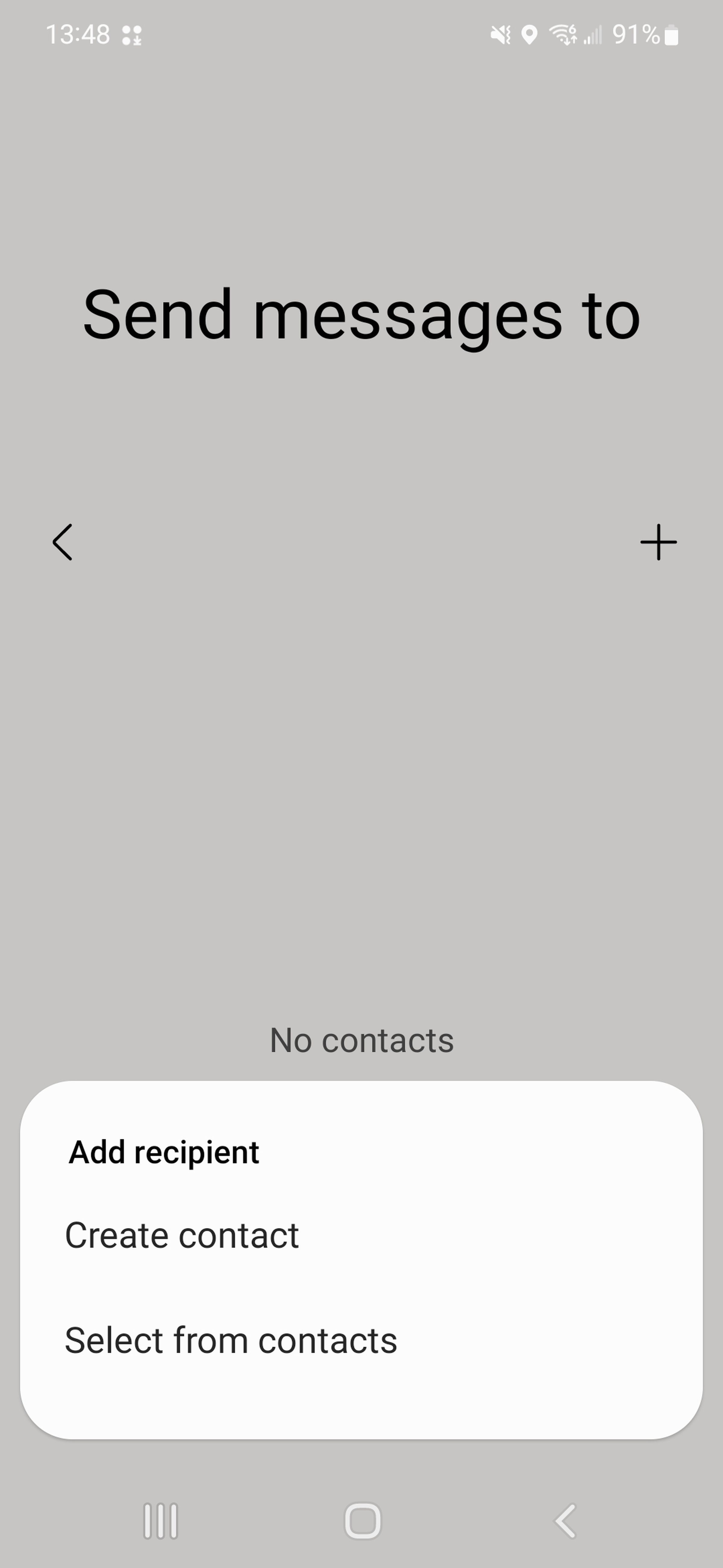 Screenshot showing a dialog box that says “Add recipient, with “Create contact” and “Select from contacts” buttons.