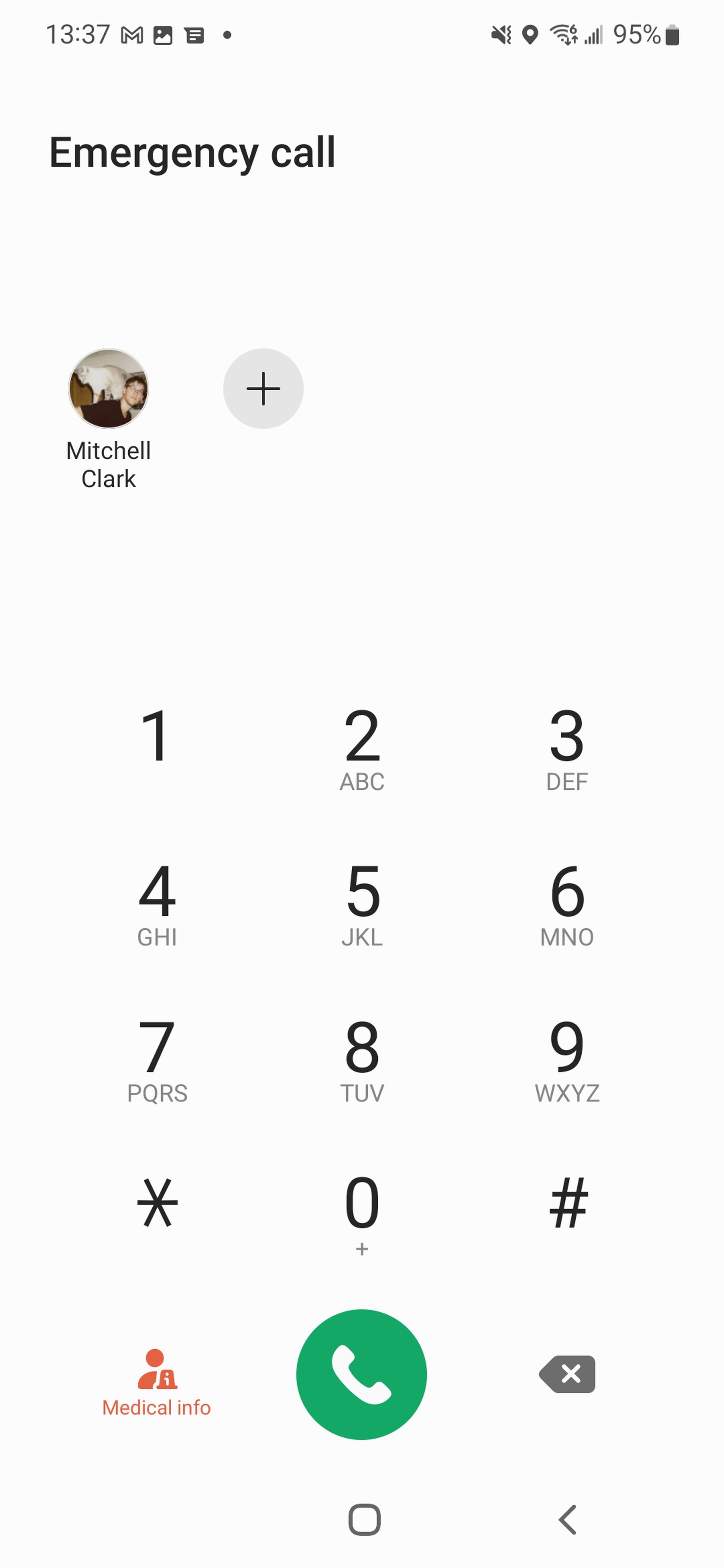 Screenshot showing Samsung’s Emergency call screen. At the top, there is an emergency contact for Mitchell Clark, followed by a number pad for entering in a phone number. To the left of the call button, there’s a medical info button.