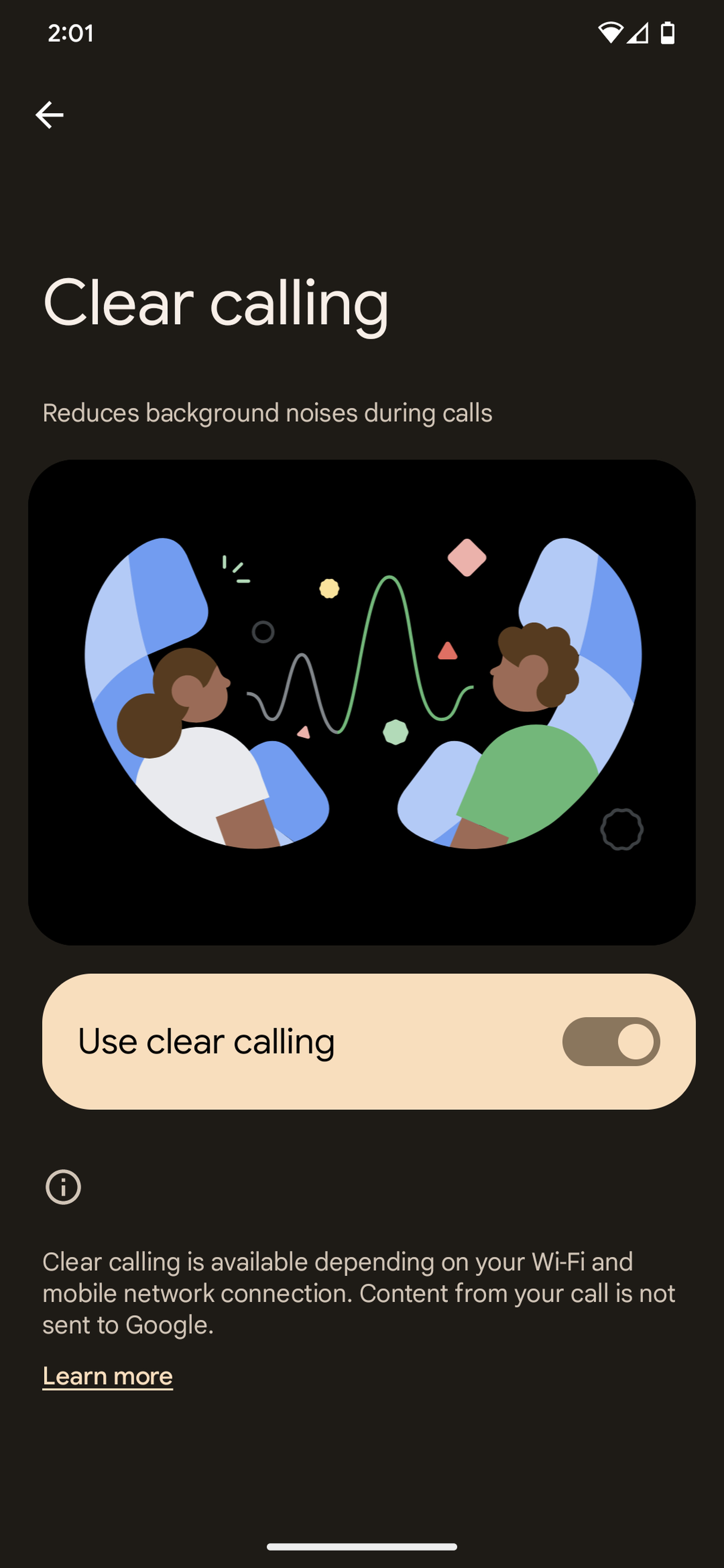 Screenshot showing menu option to turn on clear calling with an illustration of two people on a phone call.
