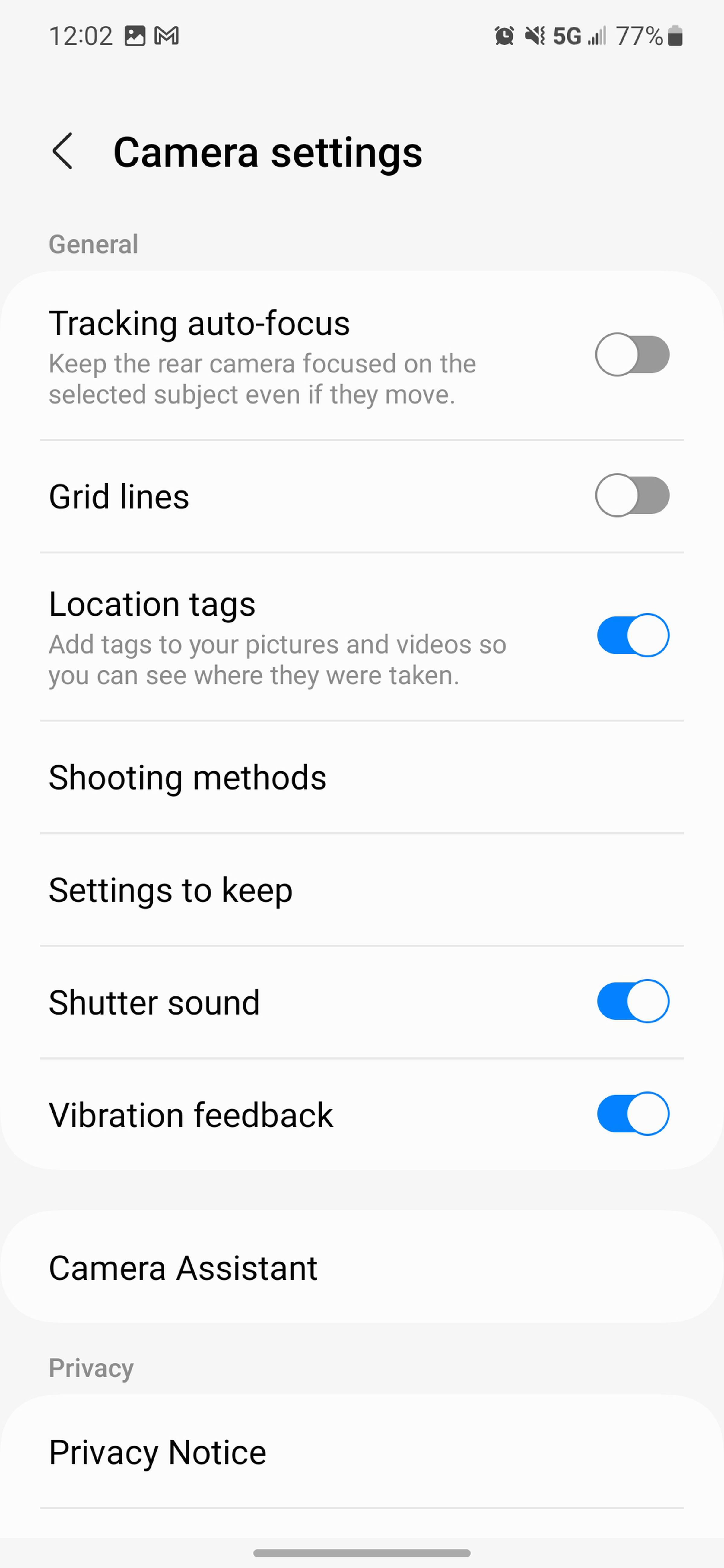 Screenshot showing camera settings including a menu called Camera Assistant.