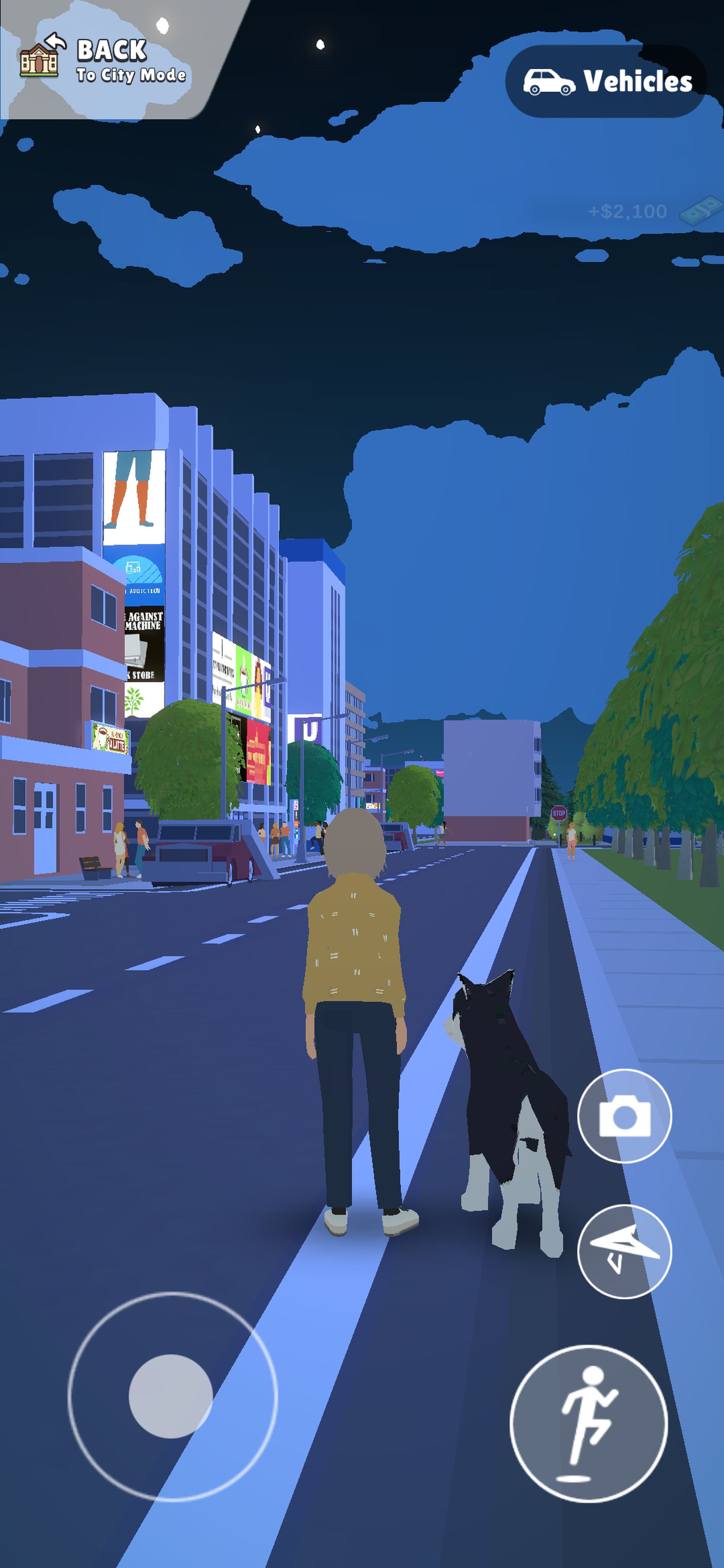 Screenshot of Pocket City 2 showing 3D view with avatar and dog standing on the street.