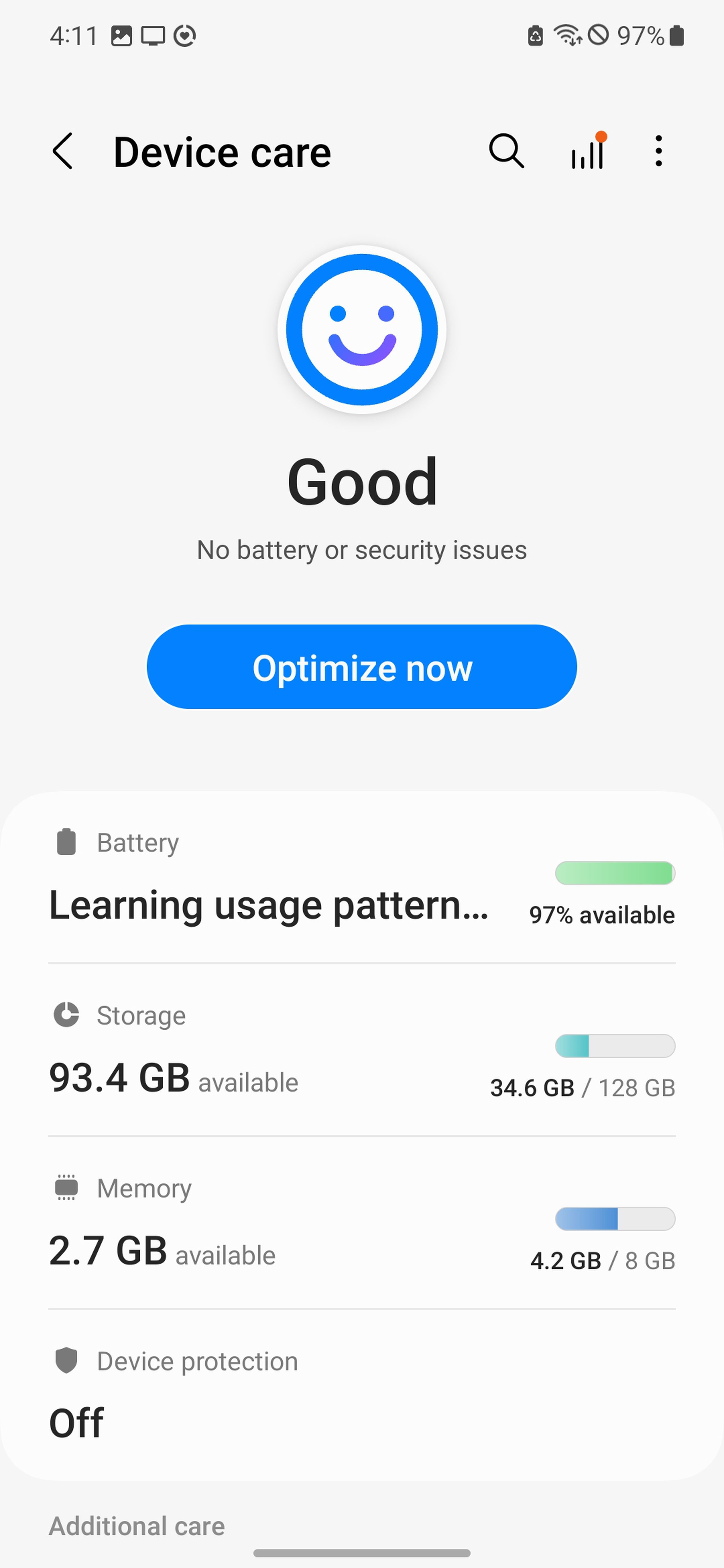 Device care page with a smiley face, the word “Good,” a blue “optimize now” button, and several lines showing status of battery, storage, memory.
